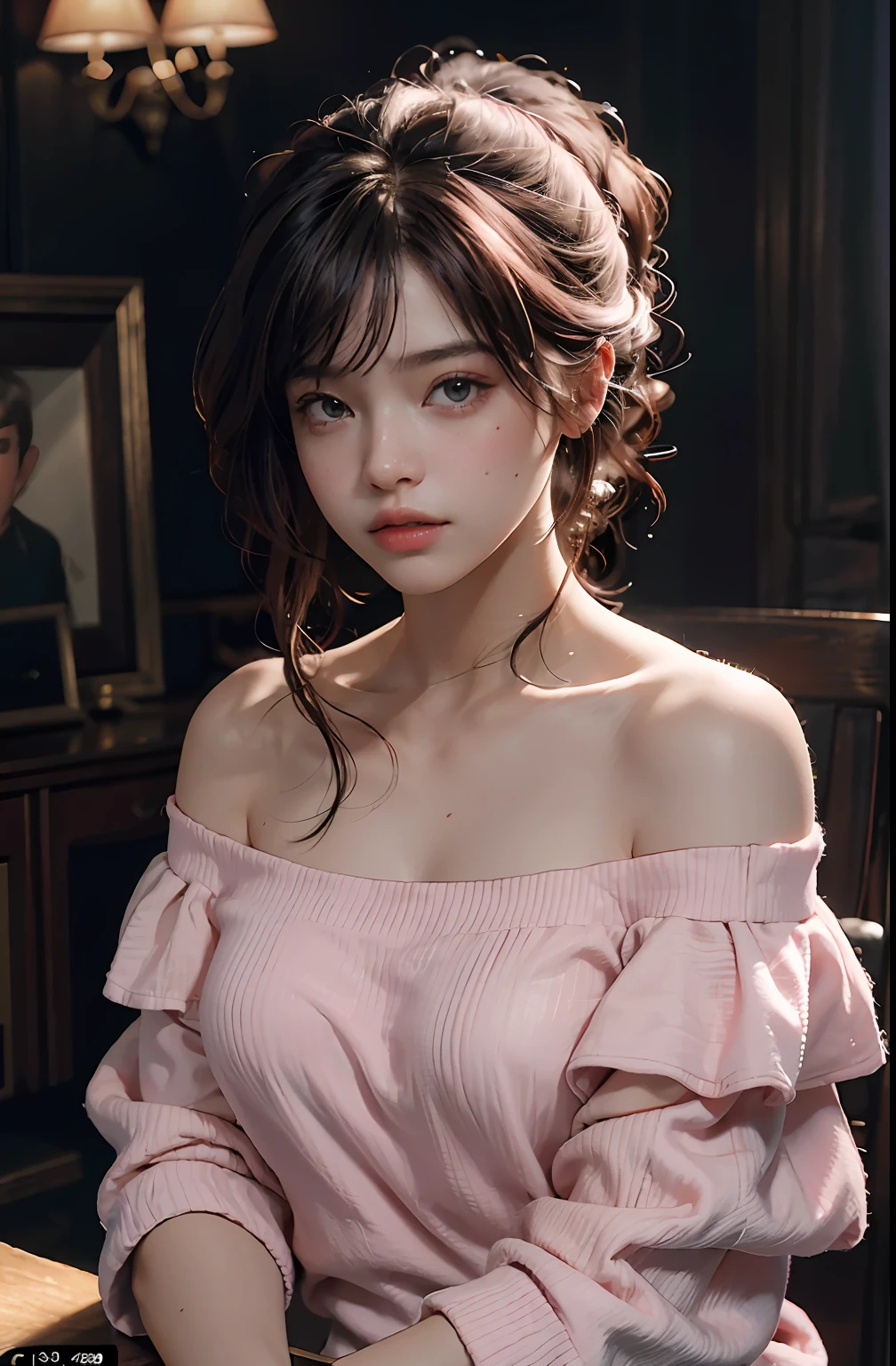 Best Quality, Masterpiece, Ultra High Resolution, (Realisticity: 1.4), Original Photo, 1girl, Pink Off-the-Shoulder, Cinematic Lighting