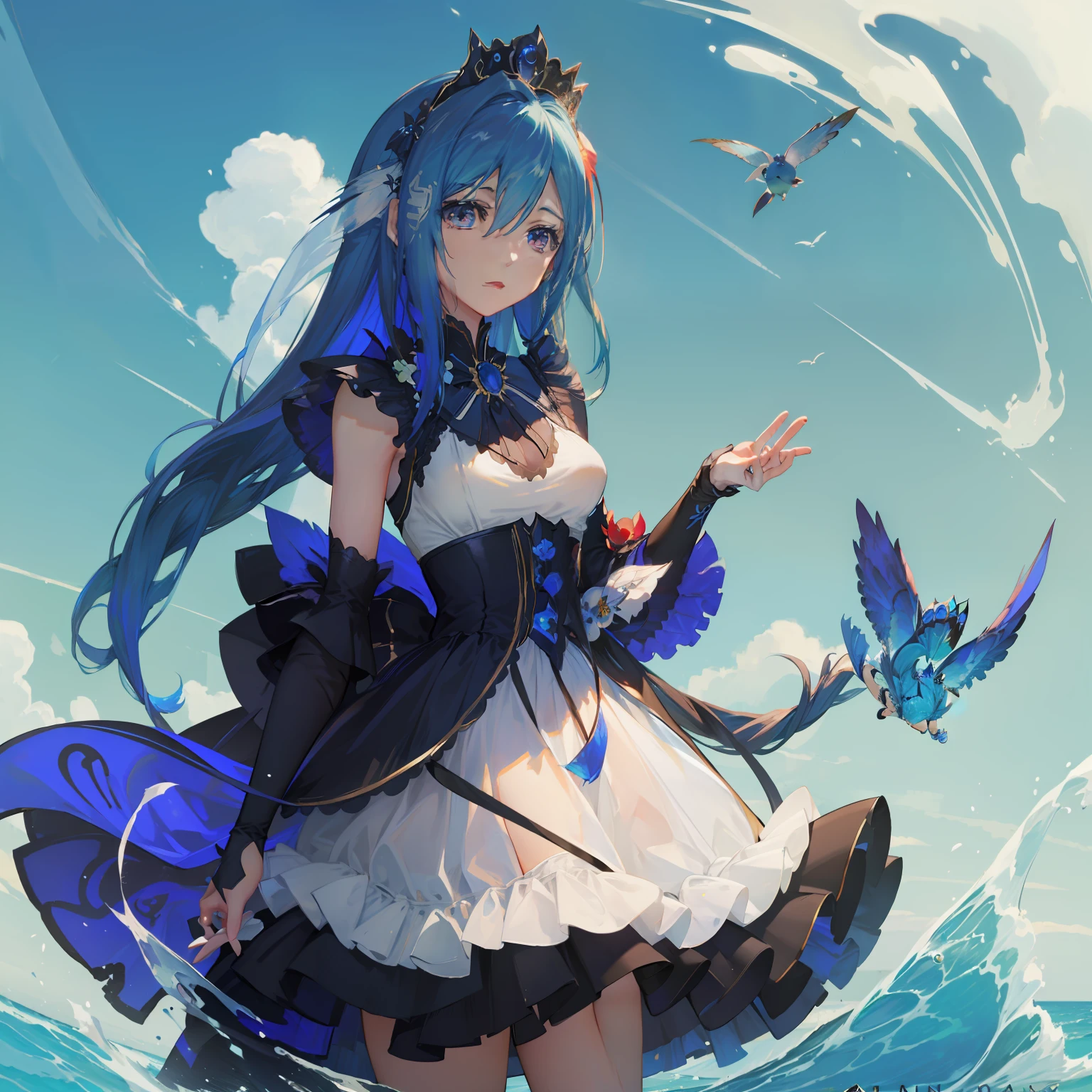 (1girll:1.5),(the ocean),(Bitian),(baiyun),(bluejay),blue hairs,eBlue eyes,shift dresses,tiara crown。