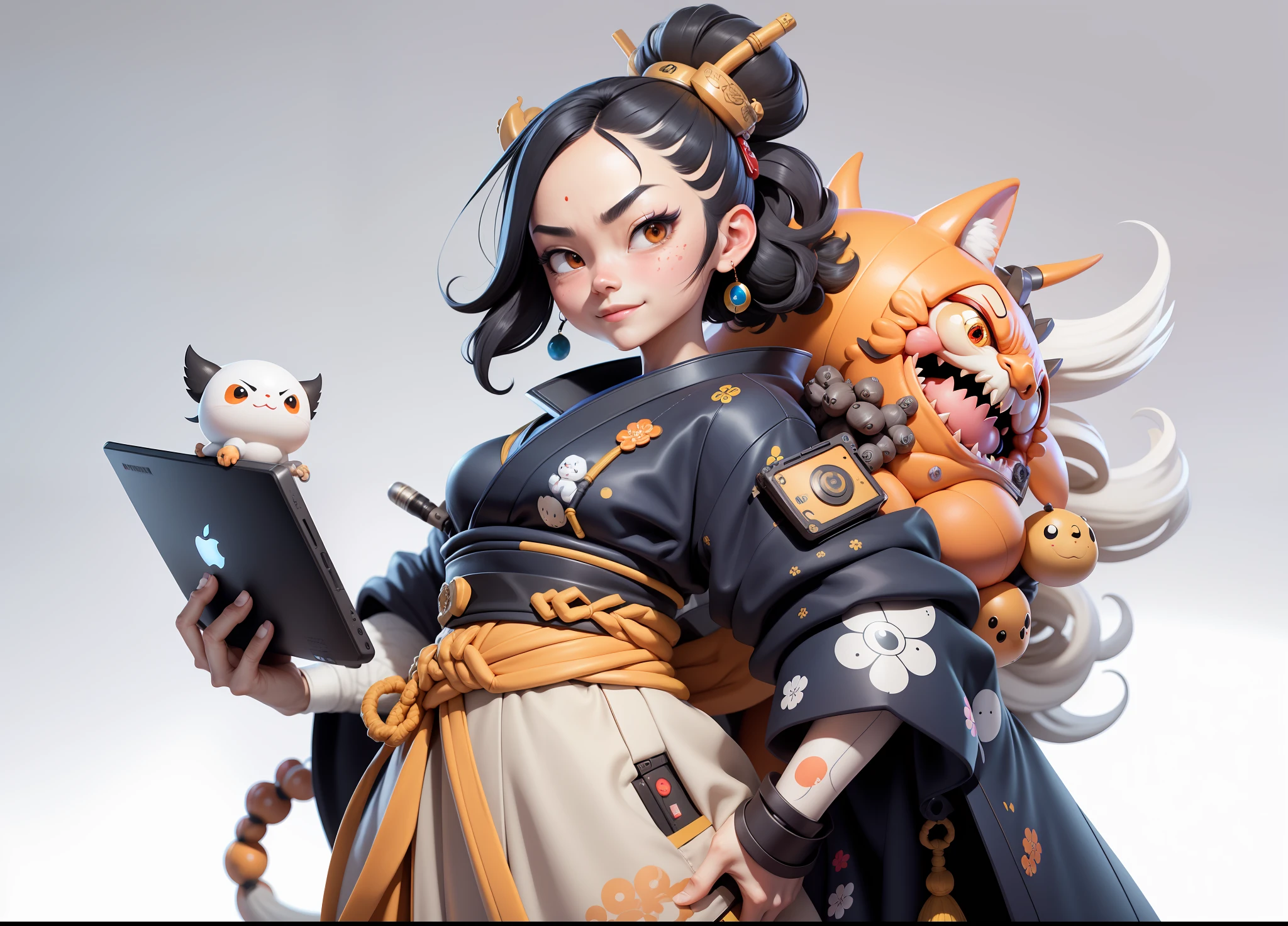 (Daisaku),(Need),(Super meticulous),(full bodyesbian:1.2),Japanese ukiyo-e girl，japanese geisha，Beautiful，Oriental dragon，Aeolian Thor，Raised sexy，爆乳，Oriental face，TV Anchor，Bust portrait illustration，Alone，In black suit，a blue tie，The face is slightly chubby，The face was clean，without a beard，Black super short hair，Black eyes，Smile confidently，3C computer sub-products，iPad， iphone，Digital painting，3D character design by Mark Clairen and Pixar and Hayao Miyazaki and Akira Toriyama，The illustration is a high-definition illustration in 4K resolution，With very detailed facial features and cartoon-style visuals。