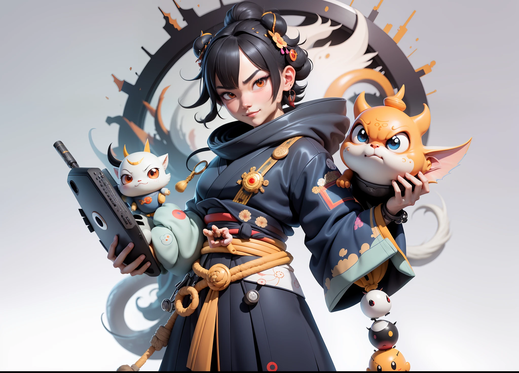 (Daisaku),(Need),(Super meticulous),(full bodyesbian:1.2),Japanese ukiyo-e girl,japanese geisha,Beautiful,Oriental dragon,Aeolian Thor,Raised sexy,爆乳,Oriental face,TV Anchor,Bust portrait illustration,Alone,In black suit,a blue tie,The face is slightly chubby,The face was clean,without a beard,Black super short hair,Black eyes,Smile confidently,3C computer sub-products,iPad, iphone,Digital painting,3D character design by Mark Clairen and Pixar and Hayao Miyazaki and Akira Toriyama,The illustration is a high-definition illustration in 4K resolution,With very detailed facial features and cartoon-style visuals。