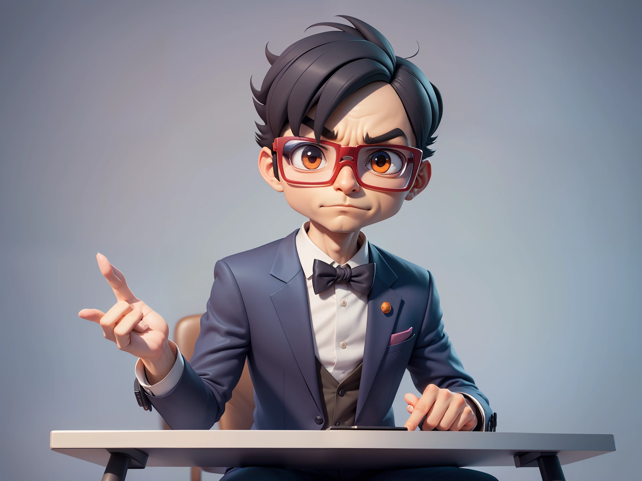 A young man in a suit, Short hair and glasses sat at his desk,holding laptop,digitial painting,tigre,3D character design by Mark Clairen and Pixar and Hayao Miyazaki and Akira Toriyama,4K HD illustration,Very detailed facial features and cartoon-style visuals。