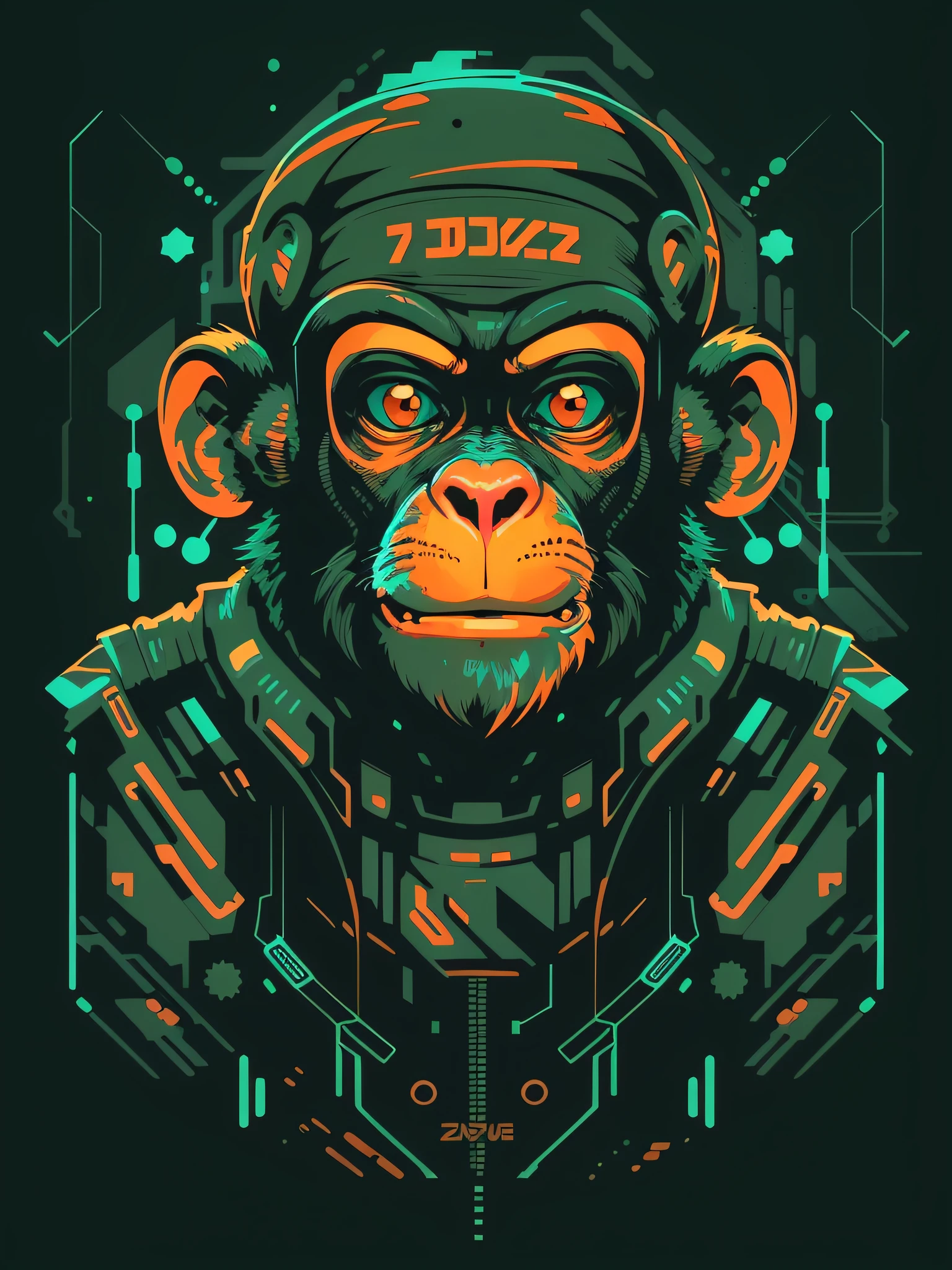 cyberpunk style monkey vector art, futuristic, popular cartoon style image, t-shirt print style image, 2d image, black background, centered image