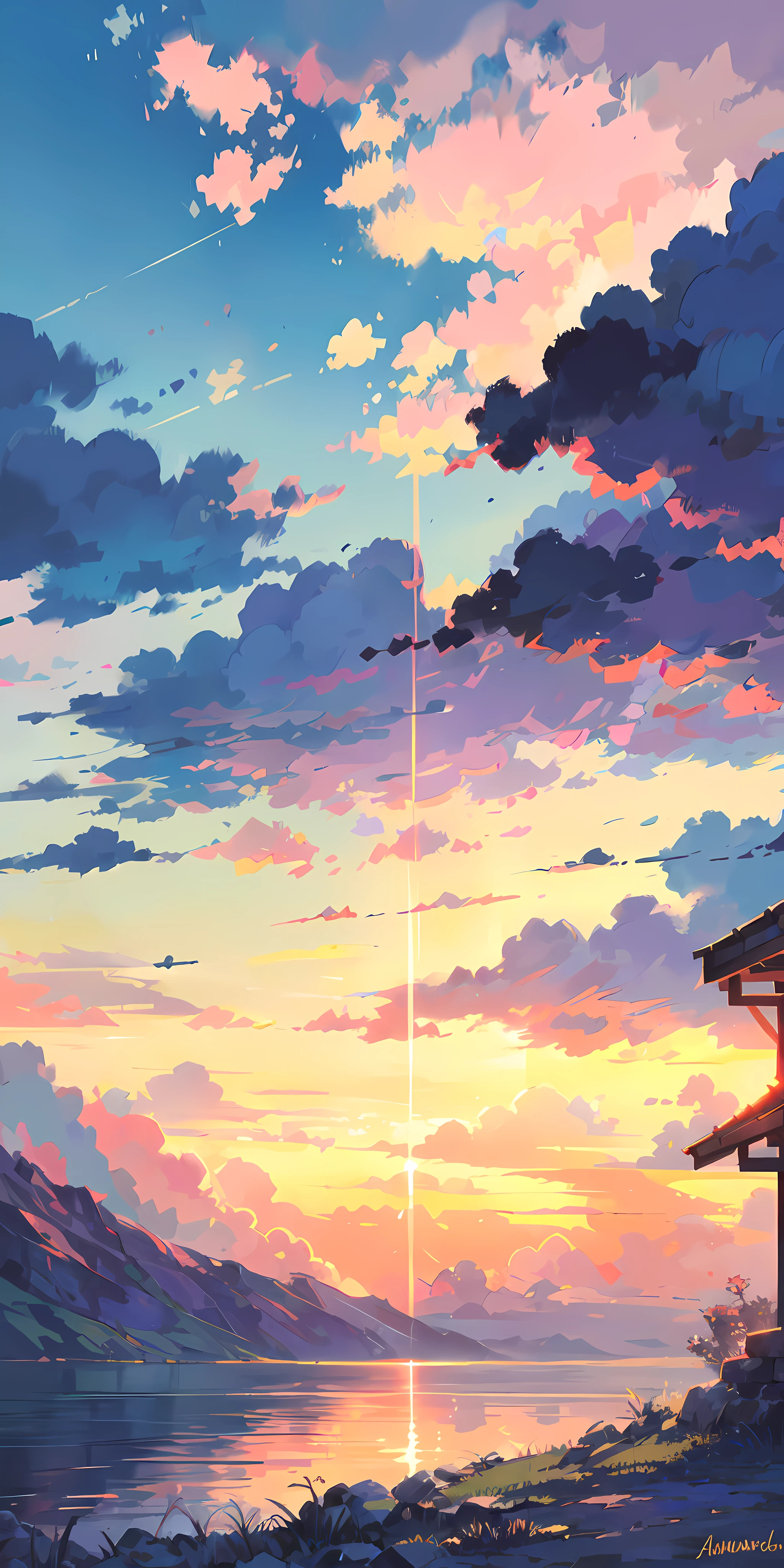 "A mesmerizing sunset scene with a girl mesmerized by the majestic golden rays of sunlight and clouds, creating an awe-inspiring and vivid color palette. Masterpiece."