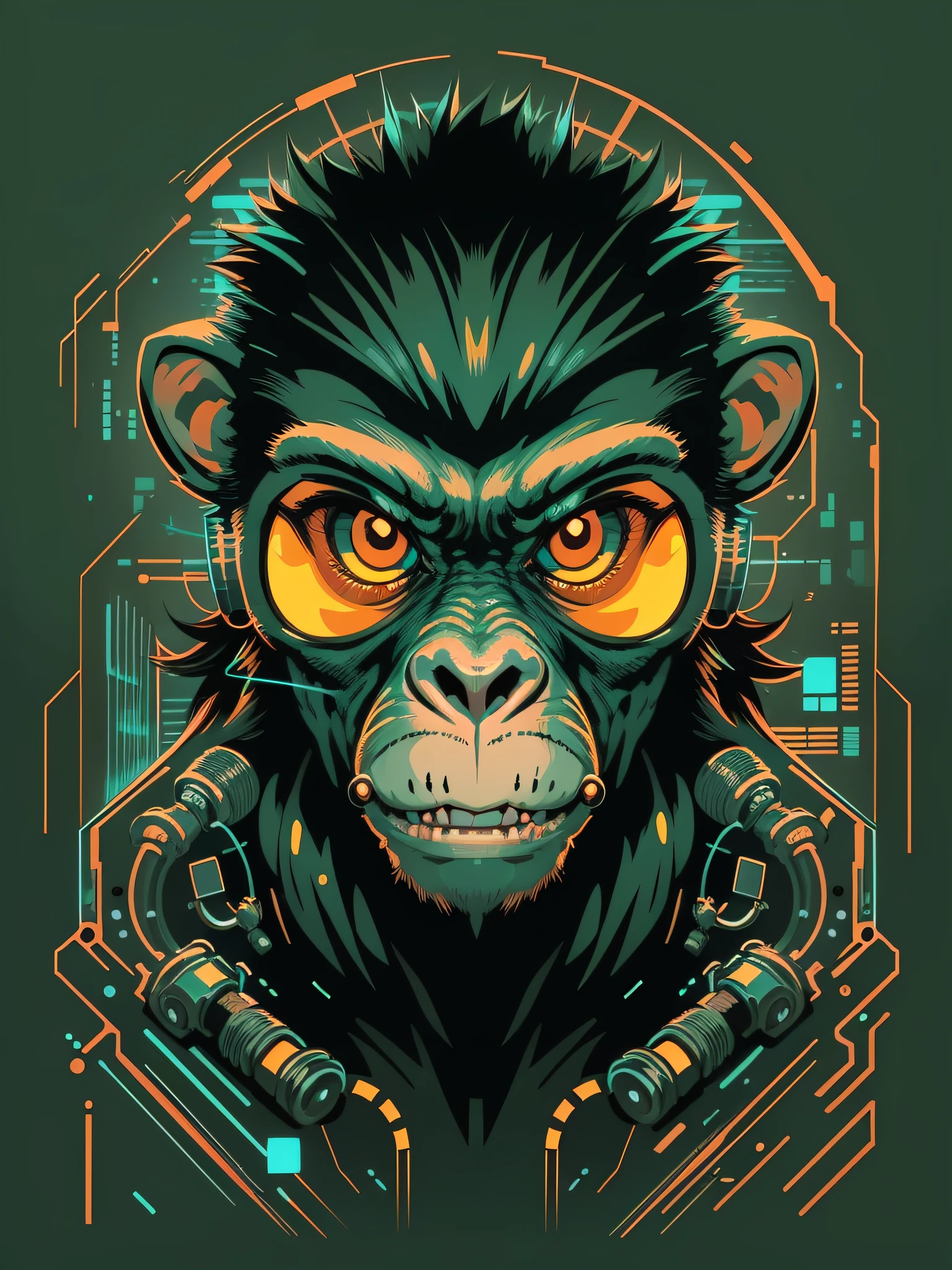 cyberpunk style monkey vector art, futuristic, popular cartoon style image, t-shirt print style image, 2d image, black background, centered image