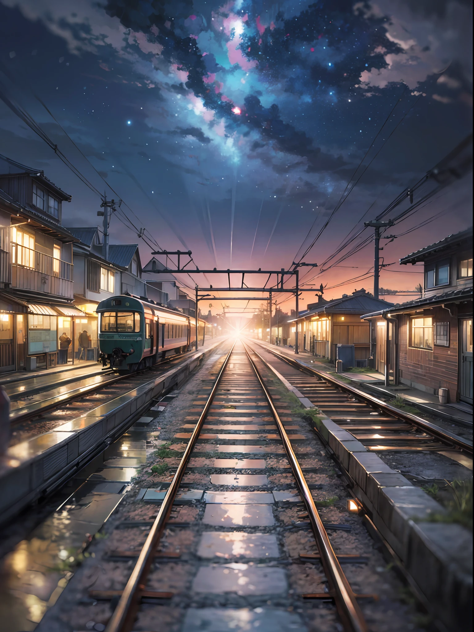 High quality masterpiece, landscape, anime train passing through bodies of water on tracks, bright starry sky. BREAK Romantic train, pixiv, concept art, lofi art style, reflection. by Makoto Shinkai, lofi art, Beautiful anime scene, BREAK Anime landscape, detailed scenery —width 672, in style of Makoto shinkai, style of Makoto shinkai, enhanced details, BREAK,Detailed,Realistic,4k highly detailed digital art,octane render, bioluminescent, BREAK 8K resolution concept art, realism,by Mappa studios,masterpiece,best quality,official art,illustration,ligne claire,(cool_color),perfect composition,absurdres, fantasy,focused,rule of thirds