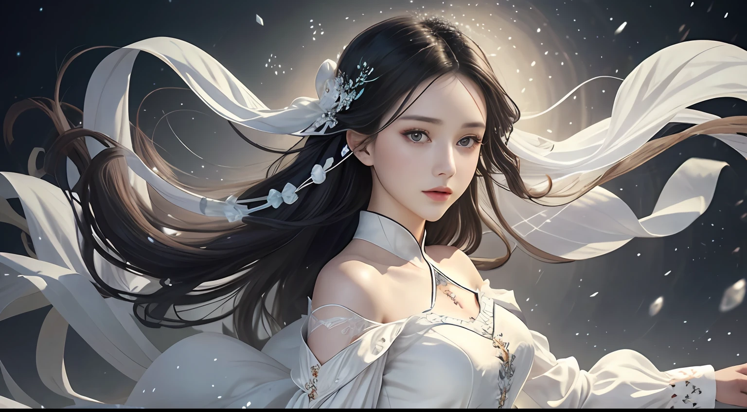 (Masterpiece, Top Quality, Best, Official Art, Beautiful and Aesthetic, Long Exposure: 1.2), Smooth Movement, Charming Patterns, 1 Girl, (Long Dress with Sleeves: 1.3), (((White Clothes) )), upper body close-up, bare shoulders, Chinese girl, blush, black lob hair, portrait, solo, upper body, looking at the observer, detailed background, detailed face, (crystallineAI, crystalline theme:1.1), elemental wind elves, rotation Wind, control the wind, white crystal clothing, dynamic pose, floating particles, ethereal dynamics, whirlwind, vapor, whirlwind in the background, white tone, whirlwind, ethereal atmosphere,