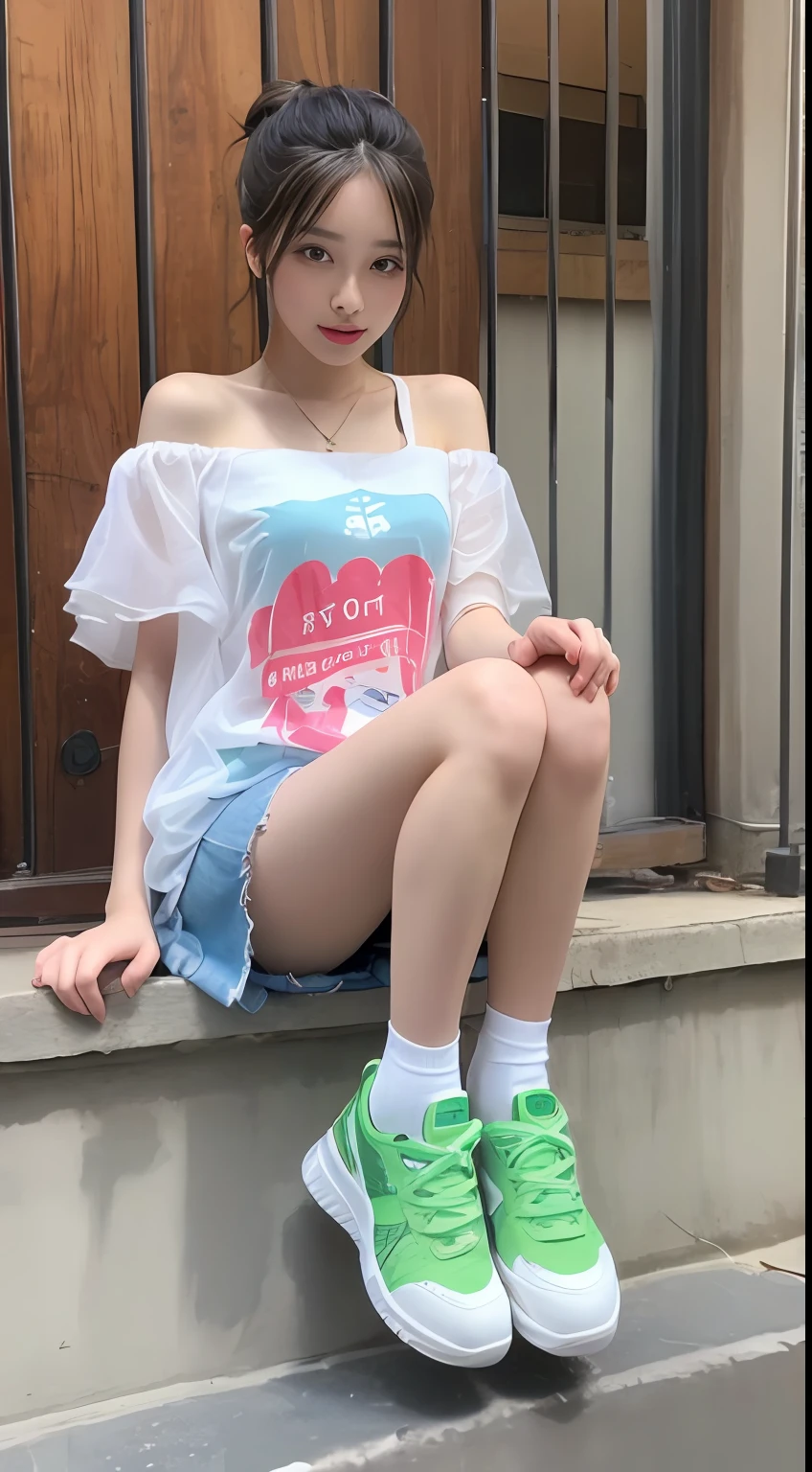 ((Best picture quality, 8K, tmasterpiece:1.3)), 1girll, Casual hairstyle, (off-shoulder blouse,Short pleated skirt:1.3),(wet see through clothes:1.4),Ultra-fine face, A detailed eye, 二重まぶた,(long leges:1.4),(athletic sneakers:1.3)Erlang legs,Sit on a high platform