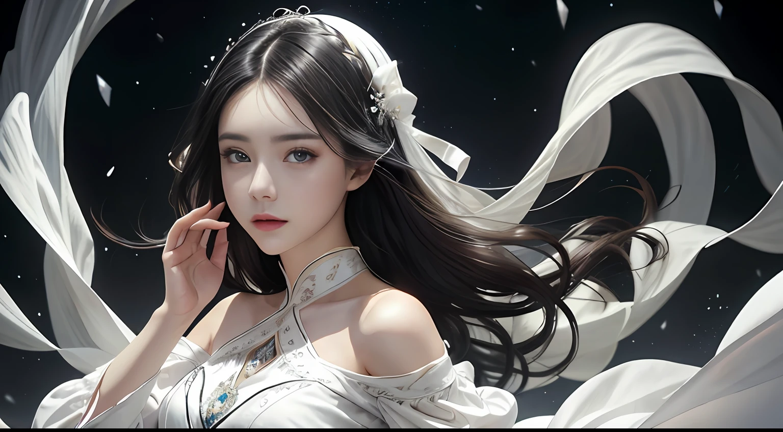 (Masterpiece, Top Quality, Best, Official Art, Beautiful and Aesthetic, Long Exposure: 1.2), Smooth Movement, Charming Patterns, 1 Girl, (Long Dress with Sleeves: 1.3), (((White Clothes) )), upper body close-up, bare shoulders, Chinese girl, blush, black lob hair, portrait, solo, upper body, looking at the observer, detailed background, detailed face, (crystallineAI, crystalline theme:1.1), elemental wind elves, rotation Wind, control the wind, white crystal clothing, dynamic pose, floating particles, ethereal dynamics, whirlwind, vapor, whirlwind in the background, white tone, whirlwind, ethereal atmosphere,