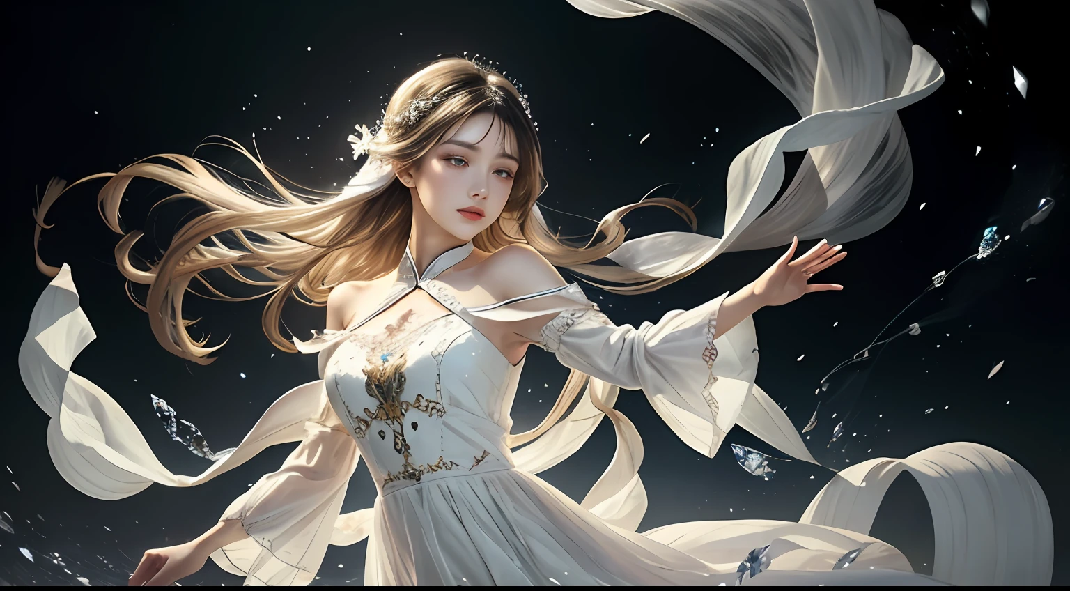 (Masterpiece, Top Quality, Best, Official Art, Beautiful and Aesthetic, Long Exposure: 1.2), Smooth Movement, Charming Patterns, 1 Girl, (Long Dress with Sleeves: 1.3), (((White Clothes) )), upper body close-up, bare shoulders, Chinese girl, blush, black lob hair, portrait, solo, upper body, looking at the observer, detailed background, detailed face, (crystallineAI, crystalline theme:1.1), elemental wind elves, rotation Wind, control the wind, white crystal clothing, dynamic pose, floating particles, ethereal dynamics, whirlwind, vapor, whirlwind in the background, white tone, whirlwind, ethereal atmosphere,