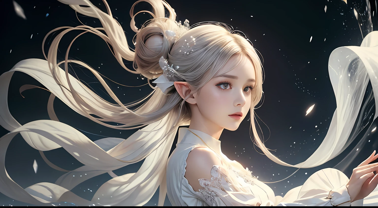 (Masterpiece, Top Quality, Best, Official Art, Beautiful and Aesthetic, Long Exposure: 1.2), Smooth Movement, Charming Patterns, 1 Girl, (Long Dress with Sleeves: 1.3), (((White Clothes) )), upper body close-up, bare shoulders, Chinese girl, blush, black lob hair, portrait, solo, upper body, looking at the observer, detailed background, detailed face, (crystallineAI, crystalline theme:1.1), elemental wind elves, rotation Wind, control the wind, white crystal clothing, dynamic pose, floating particles, ethereal dynamics, whirlwind, vapor, whirlwind in the background, white tone, whirlwind, ethereal atmosphere,