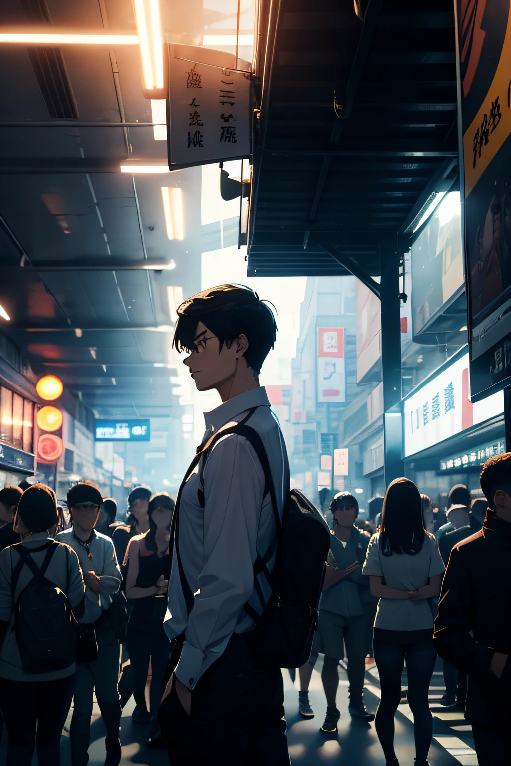 depiction: "The male protagonist in a white shirt stood at the end of the crowd, Around the light and shadow"
Mood/Ton: "Contrast in the crowd、Striking presence"
Setting: "Station entrance, with people coming and going"