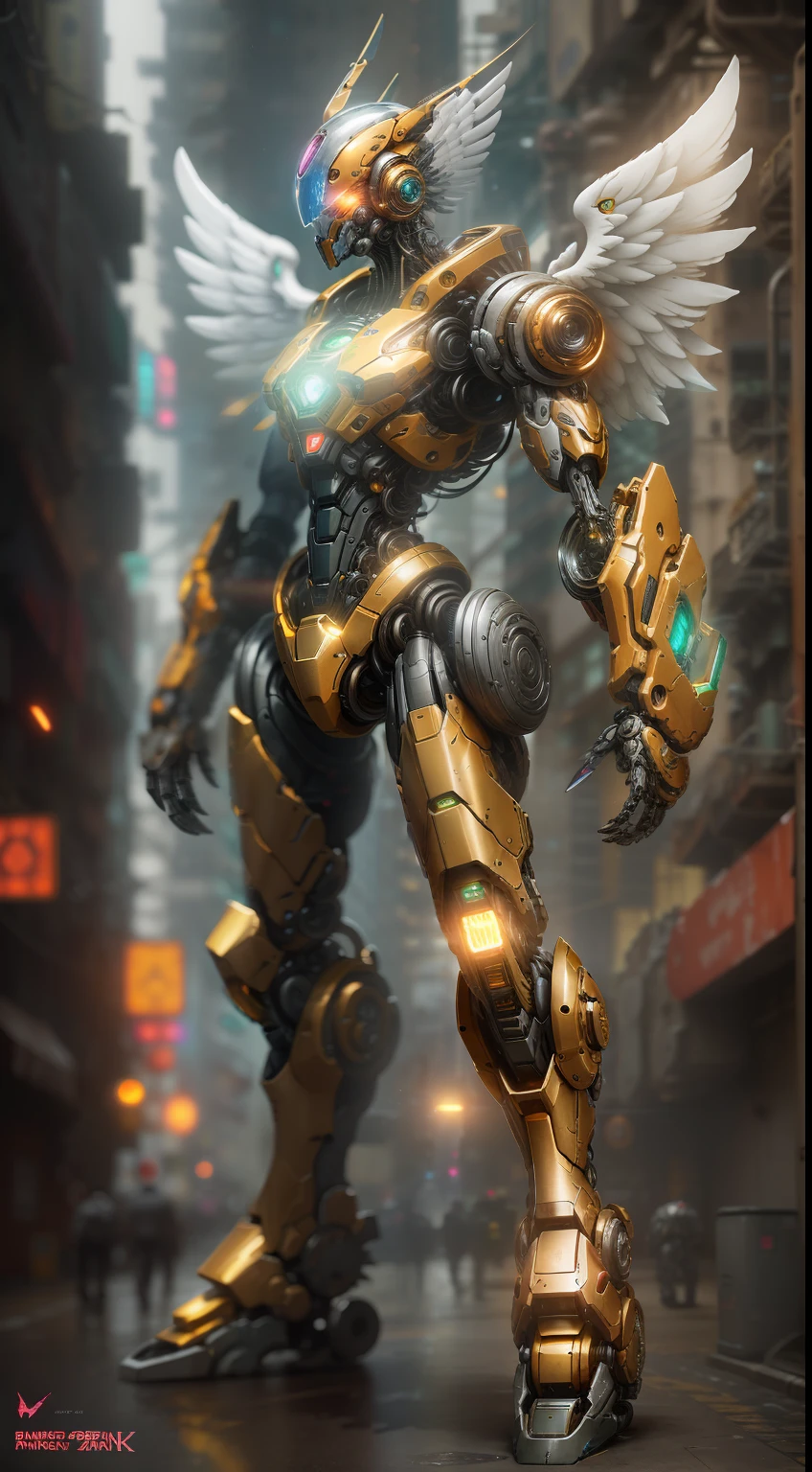 Angel from Digimon photography, biomechanics, complex robot, four golden wings, full growth, hyper-realistic, crazy little details, very clean lines, cyberpunk aesthetic, masterpiece featured on Zbrush Central, cyberpunk city background