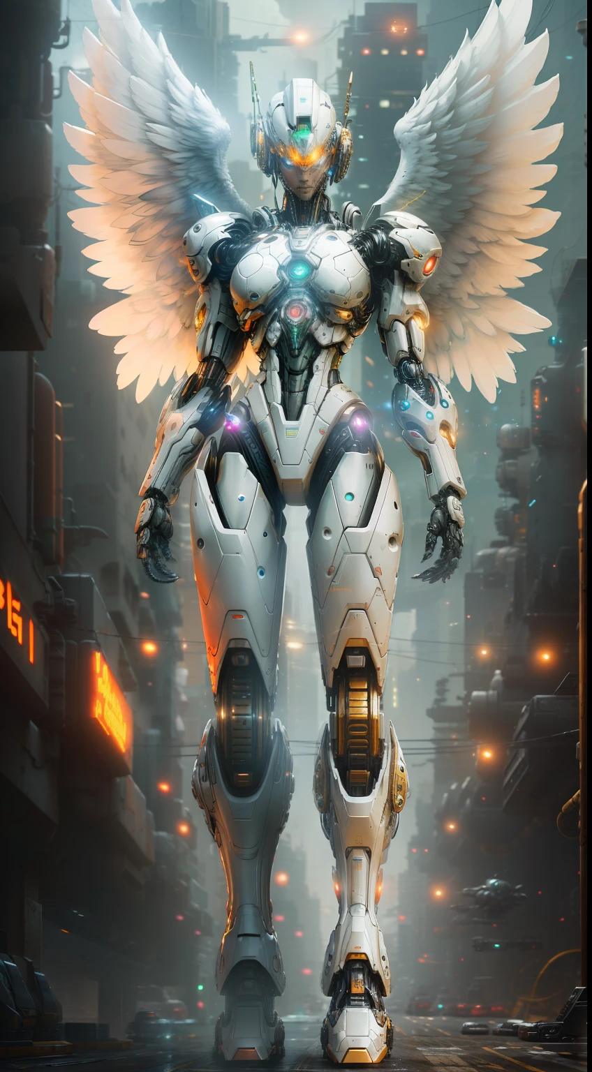 Angel from Digimon photography, biomechanics, complex robot, four golden wings, full growth, hyper-realistic, crazy little details, very clean lines, cyberpunk aesthetic, masterpiece featured on Zbrush Central, cyberpunk city background