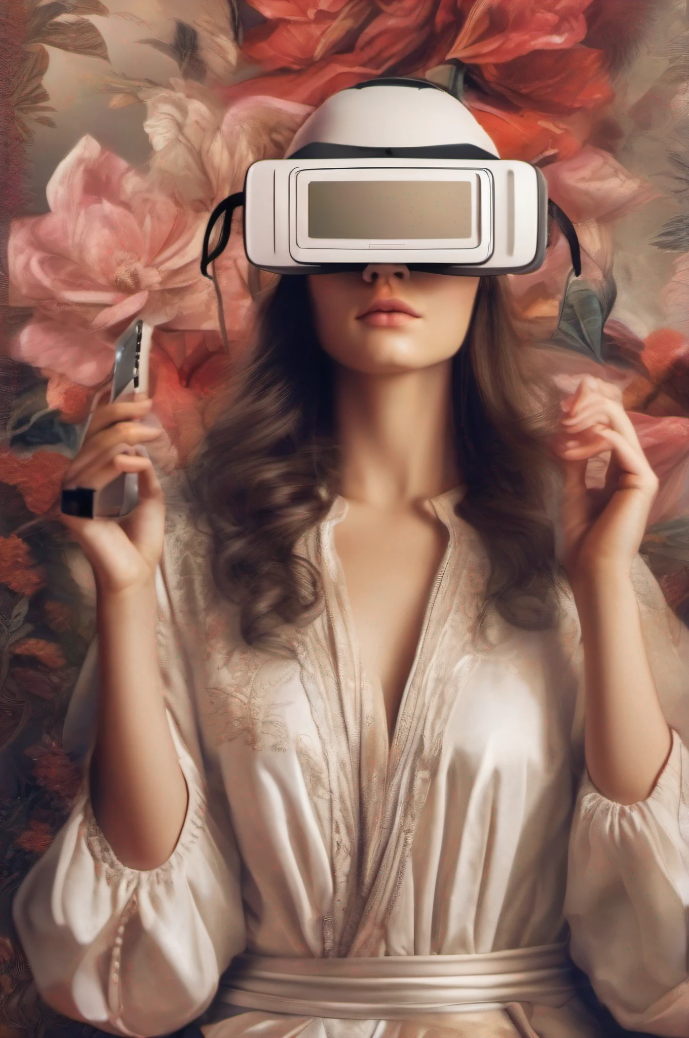 uma linda garota usando um fone de ouvido de realidade virtual enquanto imagens de seus pensamentos circulam ao seu redor