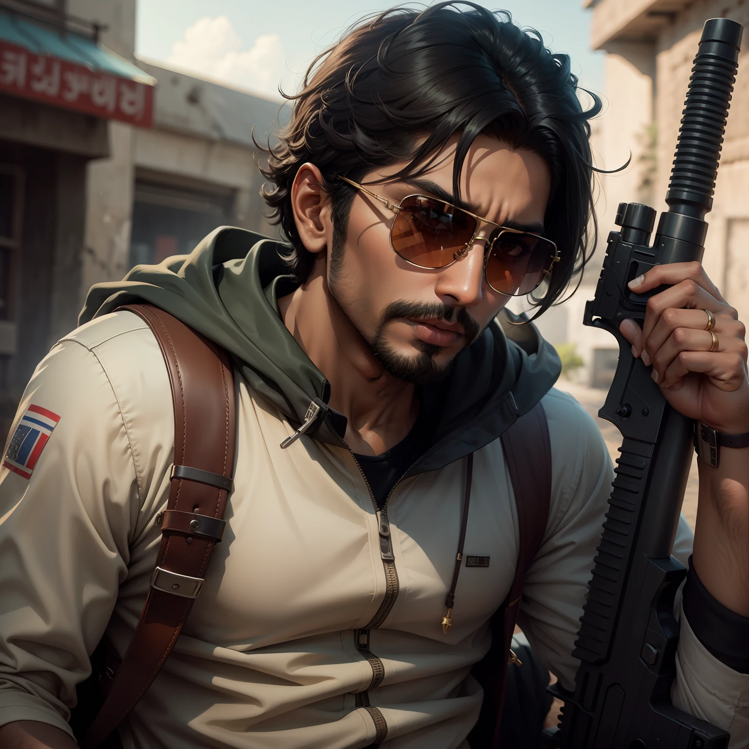 A.RajKamal, gun,sunglasses