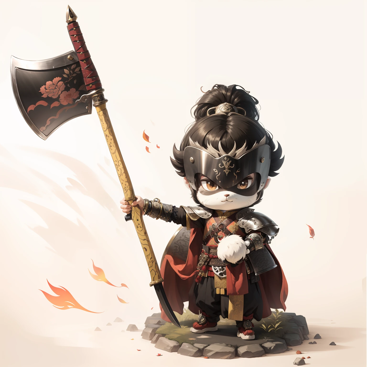 male people,Male characters,tchibi,Bad,Arms,Axe weapons,Ancient Chinese weapons,The handle has a delicate pattern,Shoulder blades,metal breastplate,chainmail,Animal pattern cuirass,chest plate,Bracers,Flowing hem,China-style,Chinese-style clothing,Chinese shoes,There are beautiful patterns on the weapon grips,Refinement,Fine painting,Refinement,infinite details,high definition detail,Patterned,Pattern,Blank background,Bright colors,Metal edging