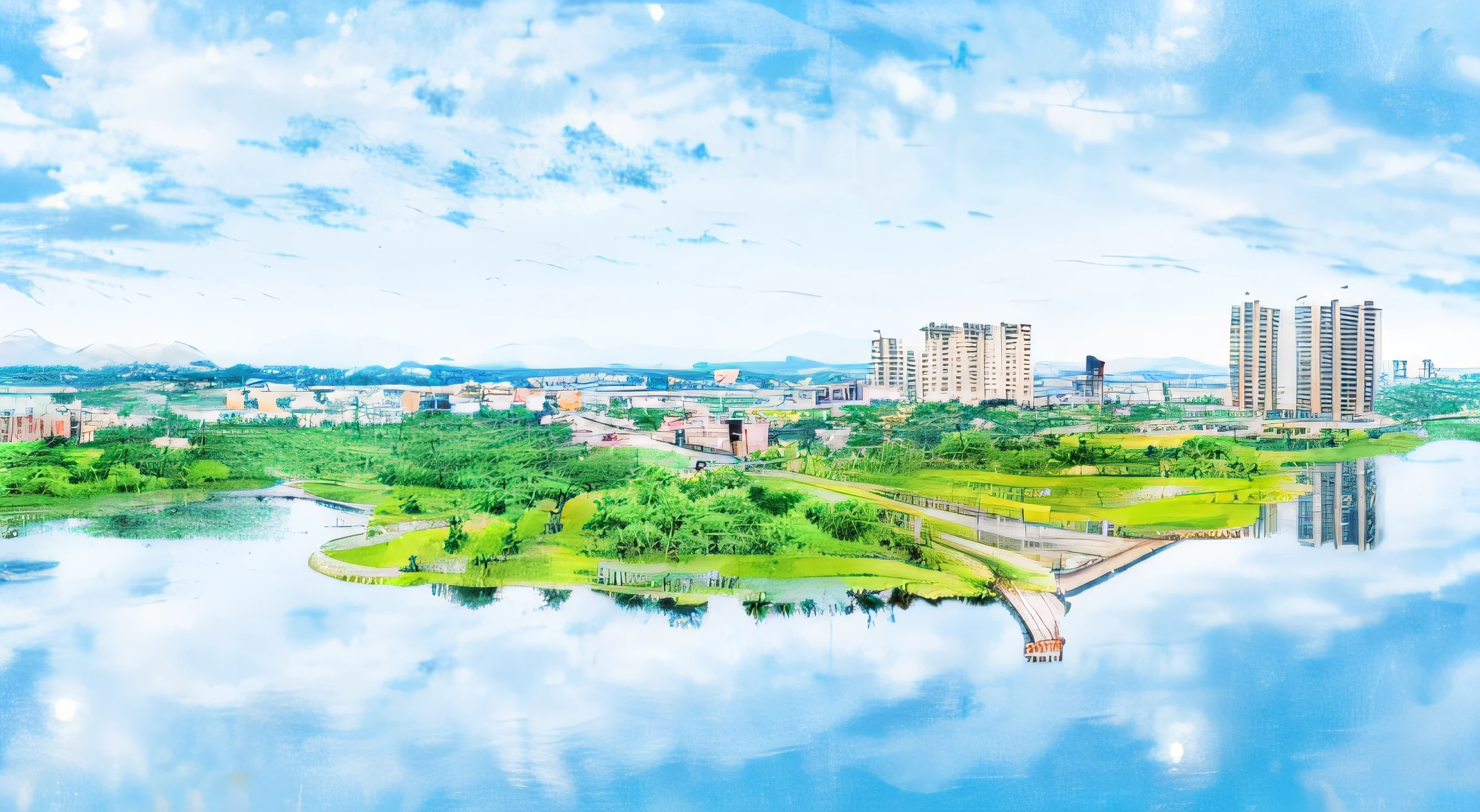 In the background is a river view of a bridge and buildings, baotou china, pyongyang city, super wide view of a cityscape, wide angle photo, grass field surrounding the city, Hangzhou, by Ni Yuanlu, hyper wide view, detailed scenic view, parks and lakes, panoramic view of a city, City view