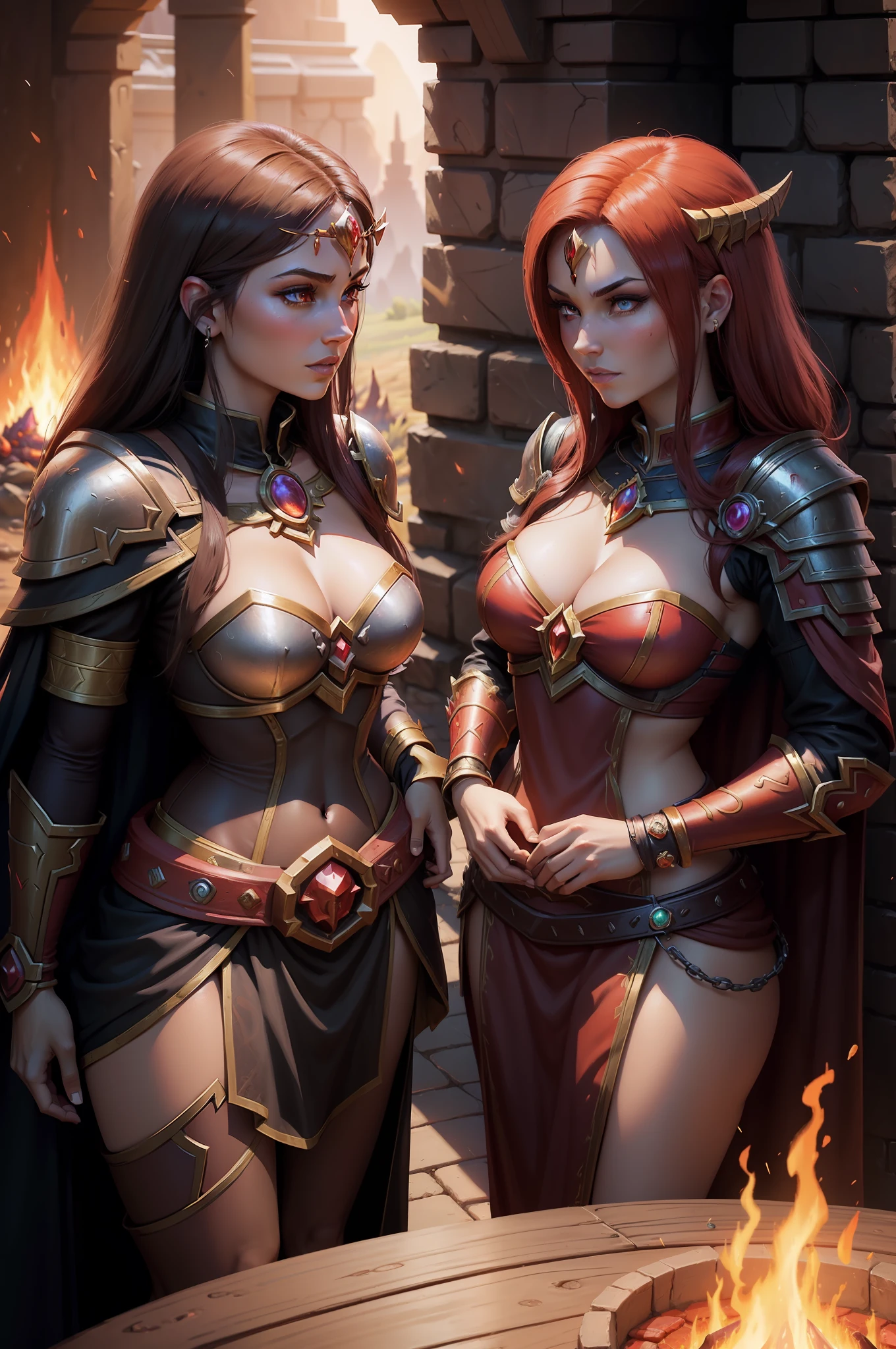 two women in armor standing next to each other near a fire, alexstrasza, lava and fire goddess, hearthstone art, world of warcraft art, wow 4 k detail fantasy, hearthstone style art, warcraft artwork, mage duel, hearthstone artwork, hearthstone card art, hearthstone card game artwork. ”, world of warcraft art style, blizzard warcraft artwork, 4k fantasy art