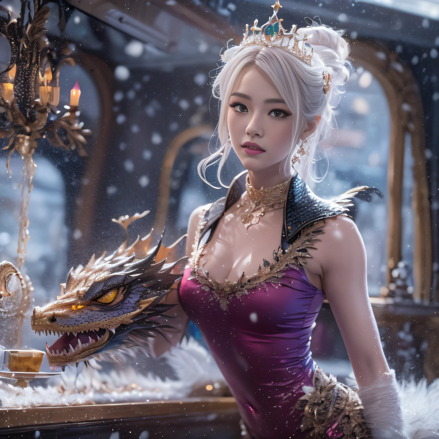 16k(tmasterpiece,k hd,hyper HD,16k)short detailed hair,Vintage train dining car area,Snow Tubing Girl 1:60 miniatures,Dragon Protector (realisticlying:1.4),Python robe,Purple-pink tiara,Snowflakes fluttering,The background is pure, A high resolution, the detail, RAW photogr, Sharp Re, Nikon D850 Film Stock Photo by Jefferies Lee 4 Kodak Portra 400 Camera F1.6 shots, Rich colors, ultra-realistic vivid textures, Dramatic lighting, Unreal Engine Art Station Trend, cinestir 800,
