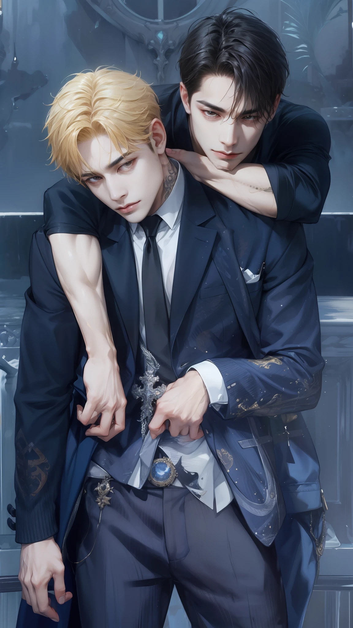 (absurdres, highres, ultra detailed),   1man hug 1man, (((multiple boys))), ,   love,  hug, upper body,  gold and black hair, brown open eyes 1 man has a tattoo on hand