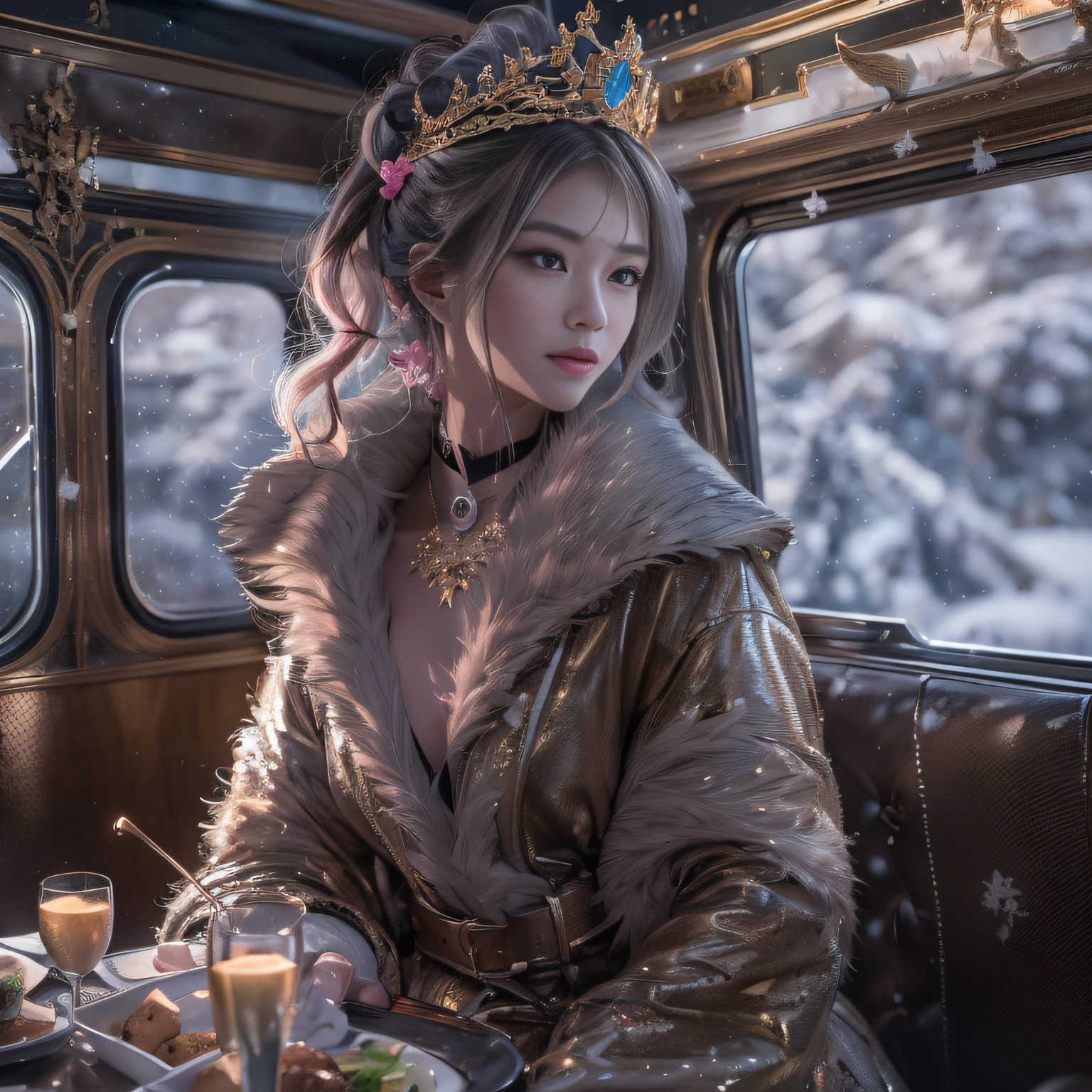 16k(tmasterpiece,k hd,hyper HD,16k)short detailed hair,Vintage train dining car area,Snow Tubing Girl 1:60 miniatures,Dragon Protector (realisticlying:1.4),Python robe,Purple-pink tiara,Snowflakes fluttering,The background is pure, A high resolution, the detail, RAW photogr, Sharp Re, Nikon D850 Film Stock Photo by Jefferies Lee 4 Kodak Portra 400 Camera F1.6 shots, Rich colors, ultra-realistic vivid textures, Dramatic lighting, Unreal Engine Art Station Trend, cinestir 800,