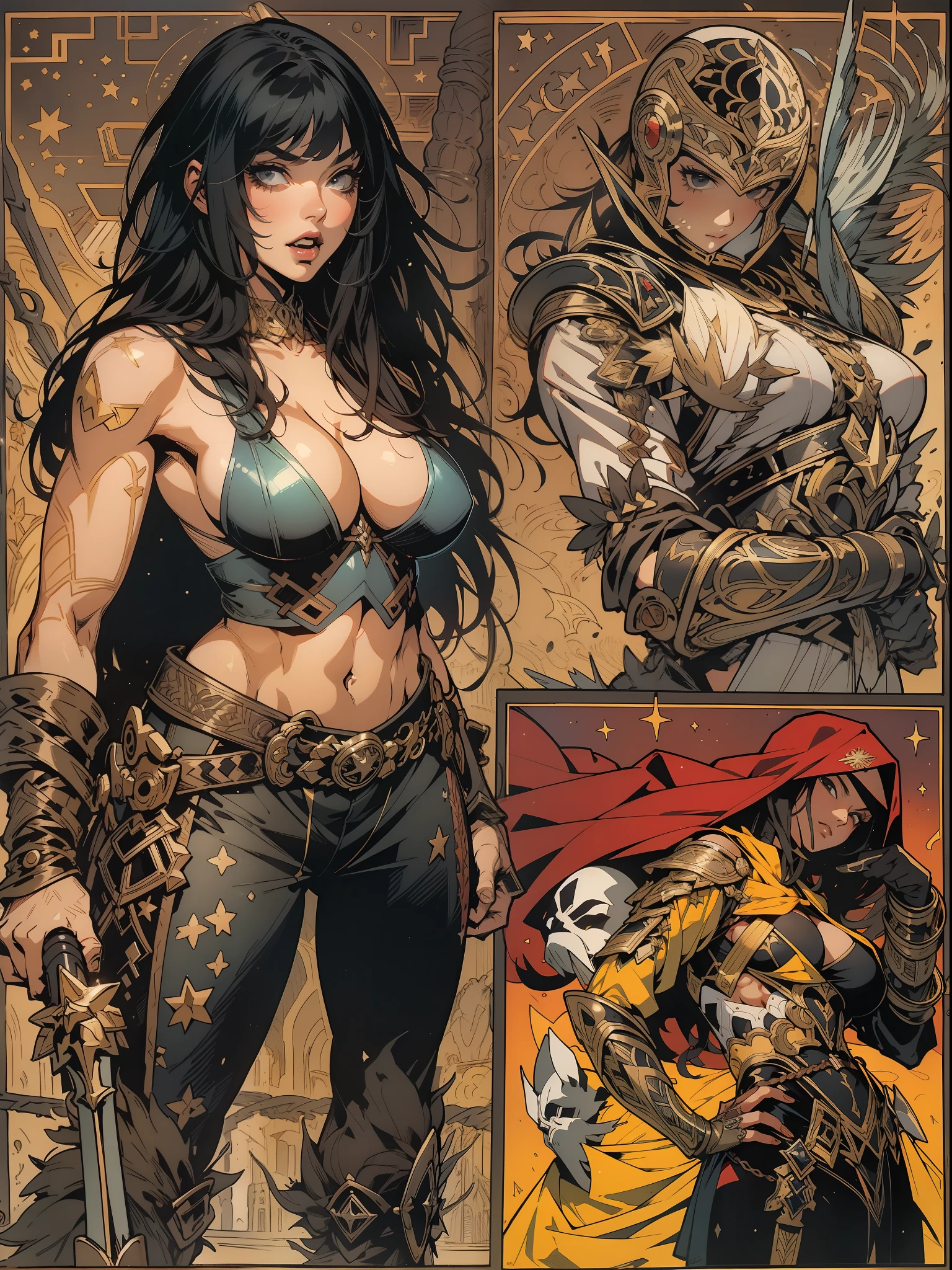 (((mulher))), (((melhor qualidade))), (((obra prima))), (((adulta))), Uma guerreira mulher de 35 anos com corpo perfeito, She-Lobo, micro saia, (( under boobs )), quase nua no estilo selvagem urbano de Simon Bisley para a capa da revista Heavy Metal, cabelo loiro, Minimum clothing, armadura (vermelho escuro com estrelas brancas), cheio de pontas e rebites manchadas de tinta, tatuagem de estrelas de 5 pontas, (((corpo inteiro))), cabelo preto curto com franja branca cobrindo a testa