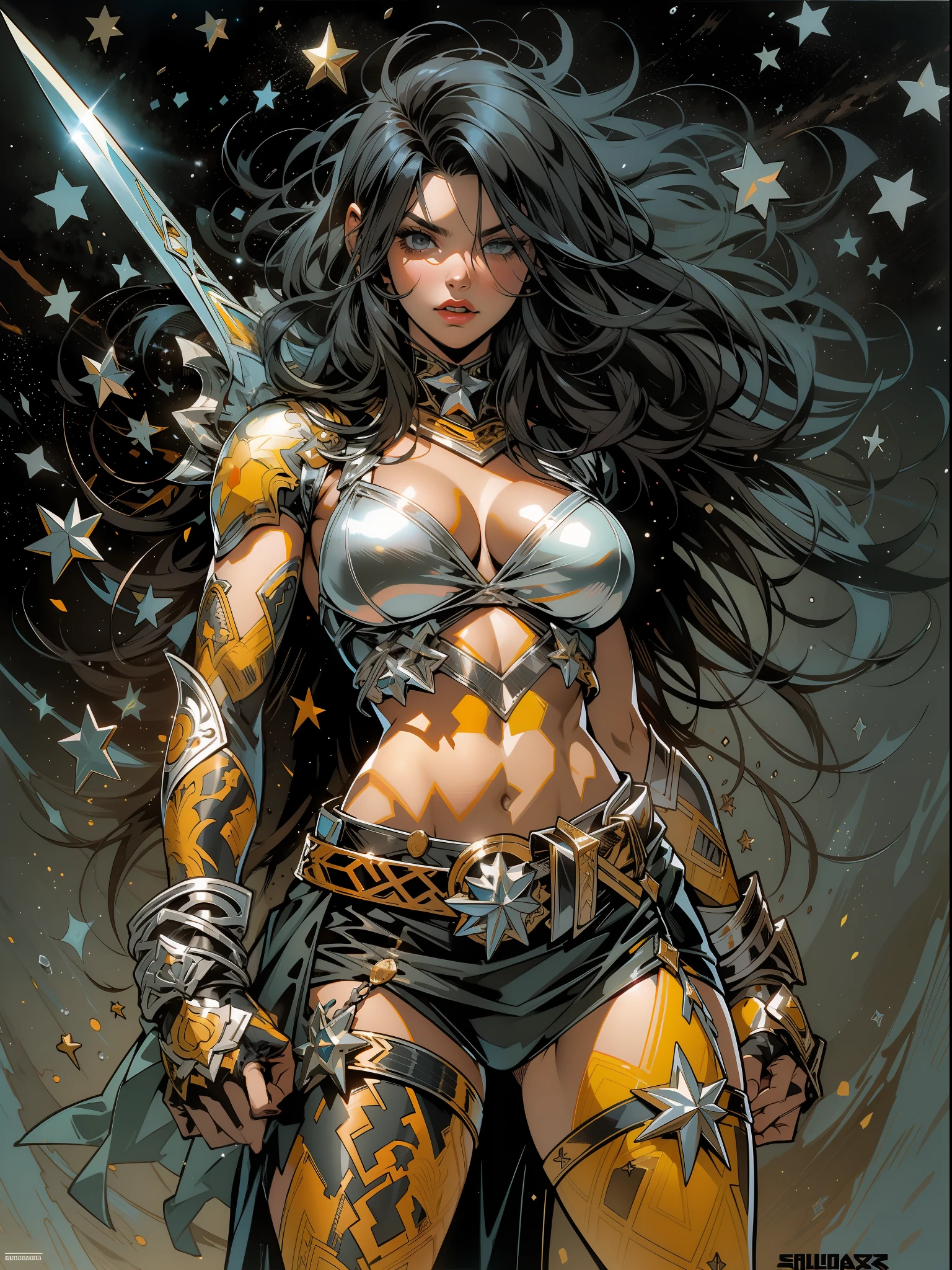 (((mulher))), (((melhor qualidade))), (((obra prima))), (((adulta))), Uma guerreira mulher de 35 anos com corpo perfeito, She-Lobo, micro saia, (( under boobs )), quase nua no estilo selvagem urbano de Simon Bisley para a capa da revista Heavy Metal, cabelo loiro, Minimum clothing, armadura (vermelho escuro com estrelas brancas), cheio de pontas e rebites manchadas de tinta, tatuagem de estrelas de 5 pontas, (((corpo inteiro))), cabelo preto curto com franja branca cobrindo a testa