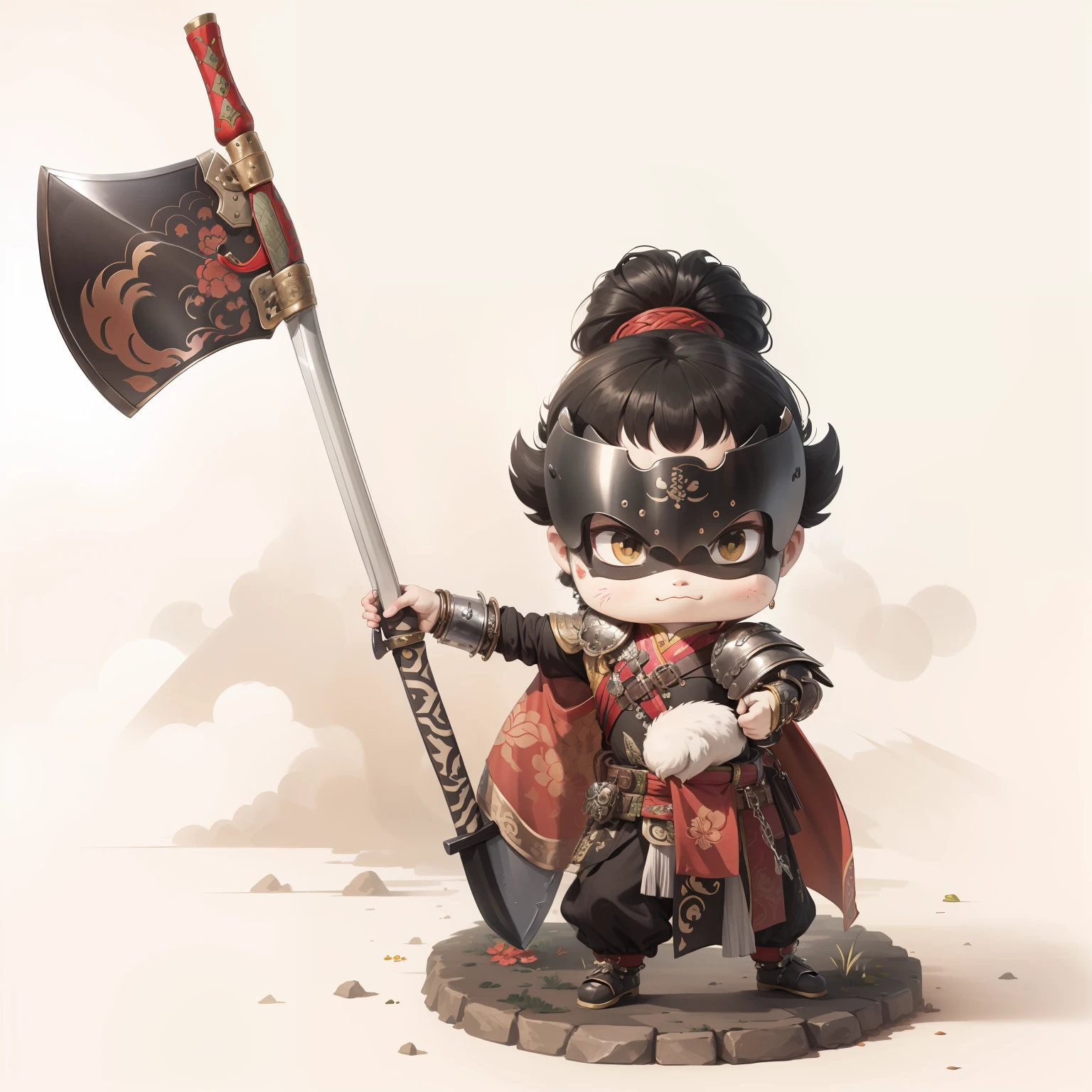 male people,Male characters,tchibi,Bad,Arms,Axe weapons,Ancient Chinese weapons,The handle has a delicate pattern,Shoulder blades,metal breastplate,chainmail,Animal pattern cuirass,chest plate,Bracers,Flowing hem,China-style,Chinese-style clothing,Chinese shoes,There are beautiful patterns on the weapon grips,Refinement,Fine painting,Refinement,infinite details,high definition detail,Patterned,Pattern,Blank background,Bright colors,Metal edging