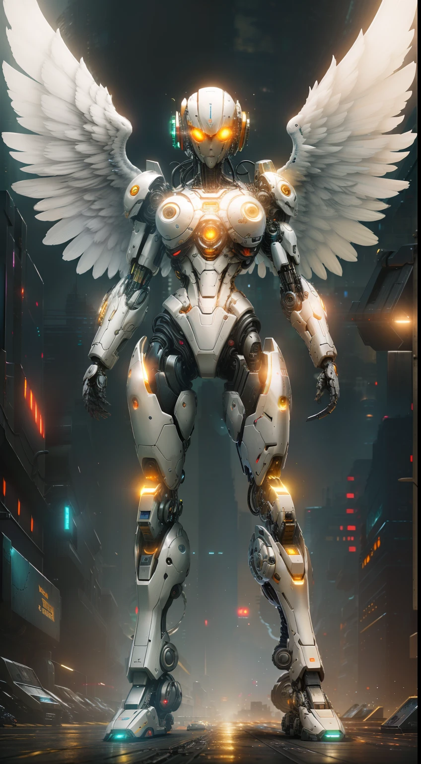 Angel from Digimon photography, biomechanics, complex robot, four golden wings, full growth, hyper-realistic, crazy little details, very clean lines, cyberpunk aesthetic, masterpiece featured on Zbrush Central, cyberpunk city background