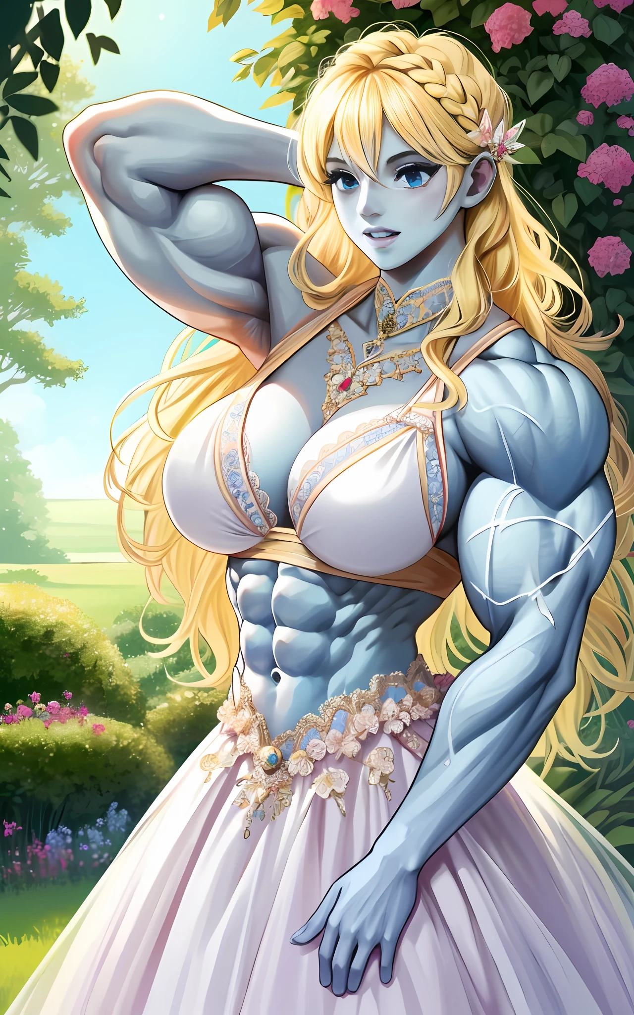 (1girll), huge tit, Breasts, Conque, Moisturizes skin, ,trpical garden , Fairy princess dress，Embellished with delicate lace and sparkling gemstones    ， teens girl,realistic illumination，top Quority，8K，tmasterpiece,Muscular female,Muscular,Abs,(Blonde hair), (Blue skin:1.4),