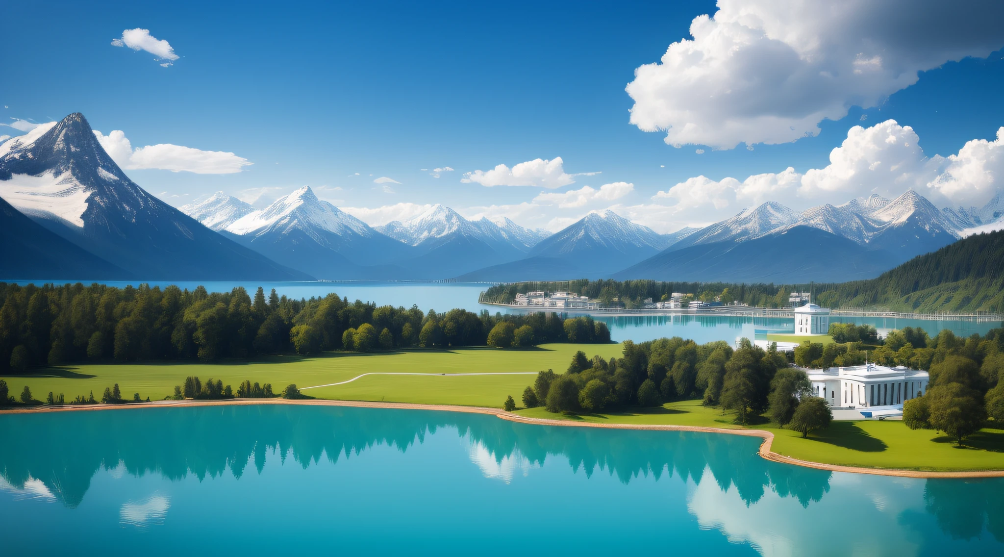 HD picture，Professional camera shooting，Clouded，Blue lake water，White House with medium view，In the distance are mountains，Close to the ground is green grass