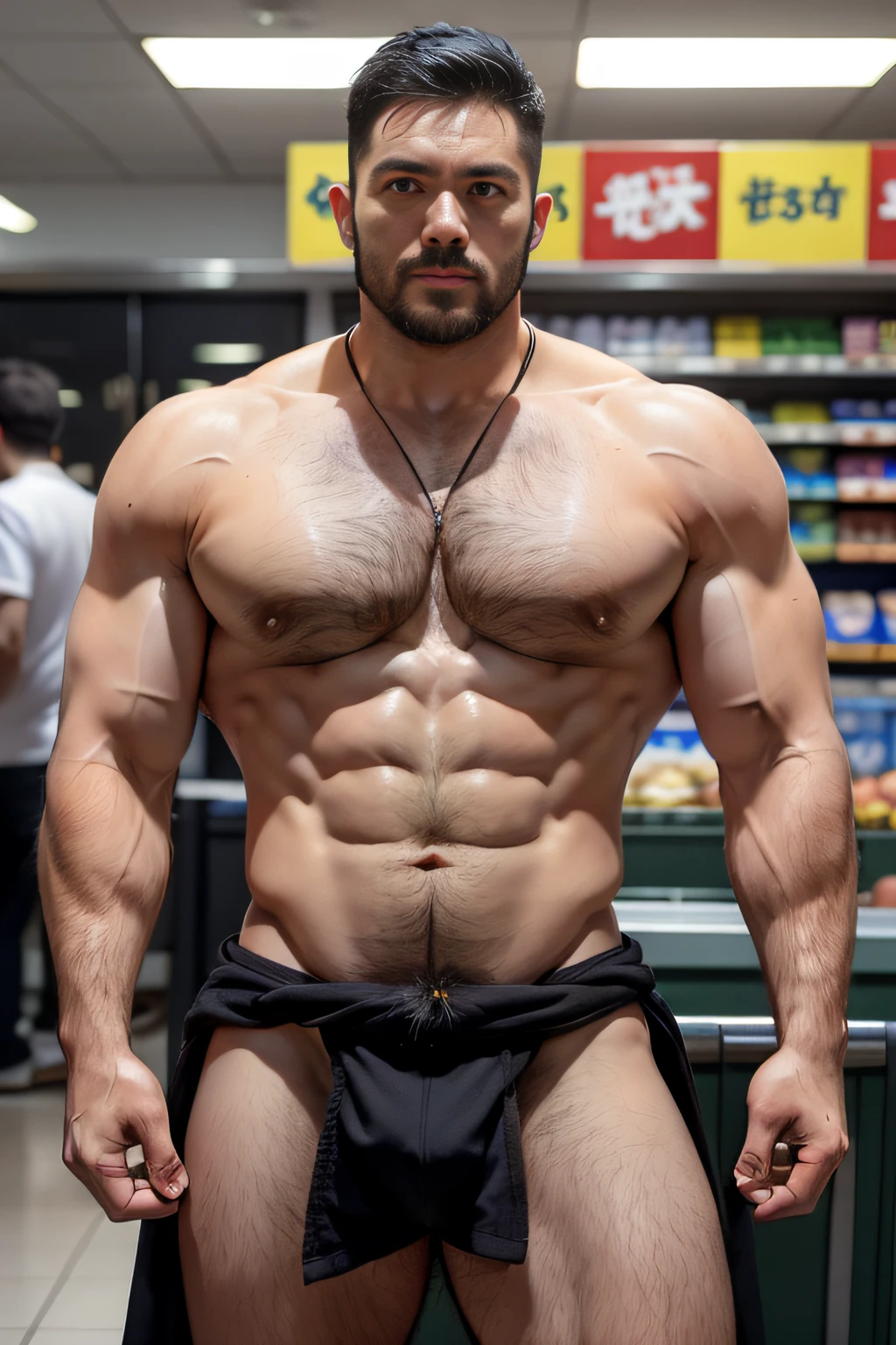 A middle-aged man in briefs visits a supermarket,Be photographed by onlookers,Pubic hair shows through,extra very short hair,Authentic texture,super high image quality,the detail,Asia face,attractive beefy man, mid-shot of a hunky, musculous, beefy, 40 year old man ,sport, big muscular man, partially male hairy torso, Wet pubic hair,perspire,Drenched, musculous, Muscular body, hairy chest and hairy body, loincloth,enjoying,is shy