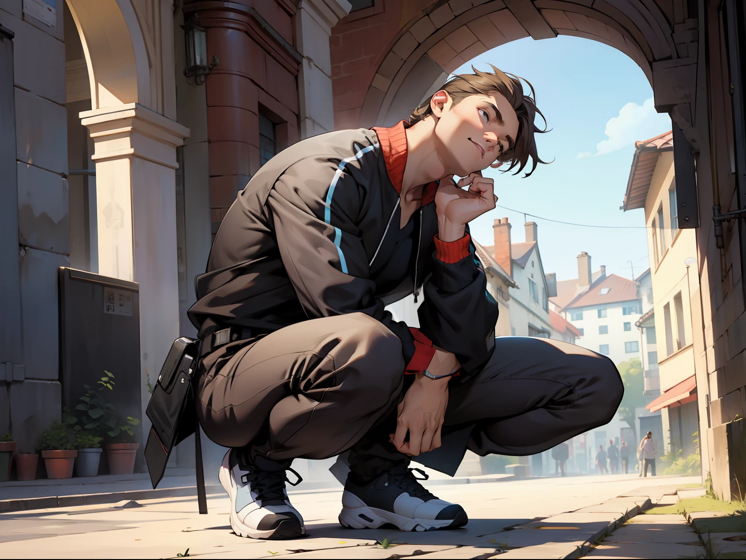 Full body, squatting handsome guy, looking up, leaning sideways, with one leg supporting the ground,
