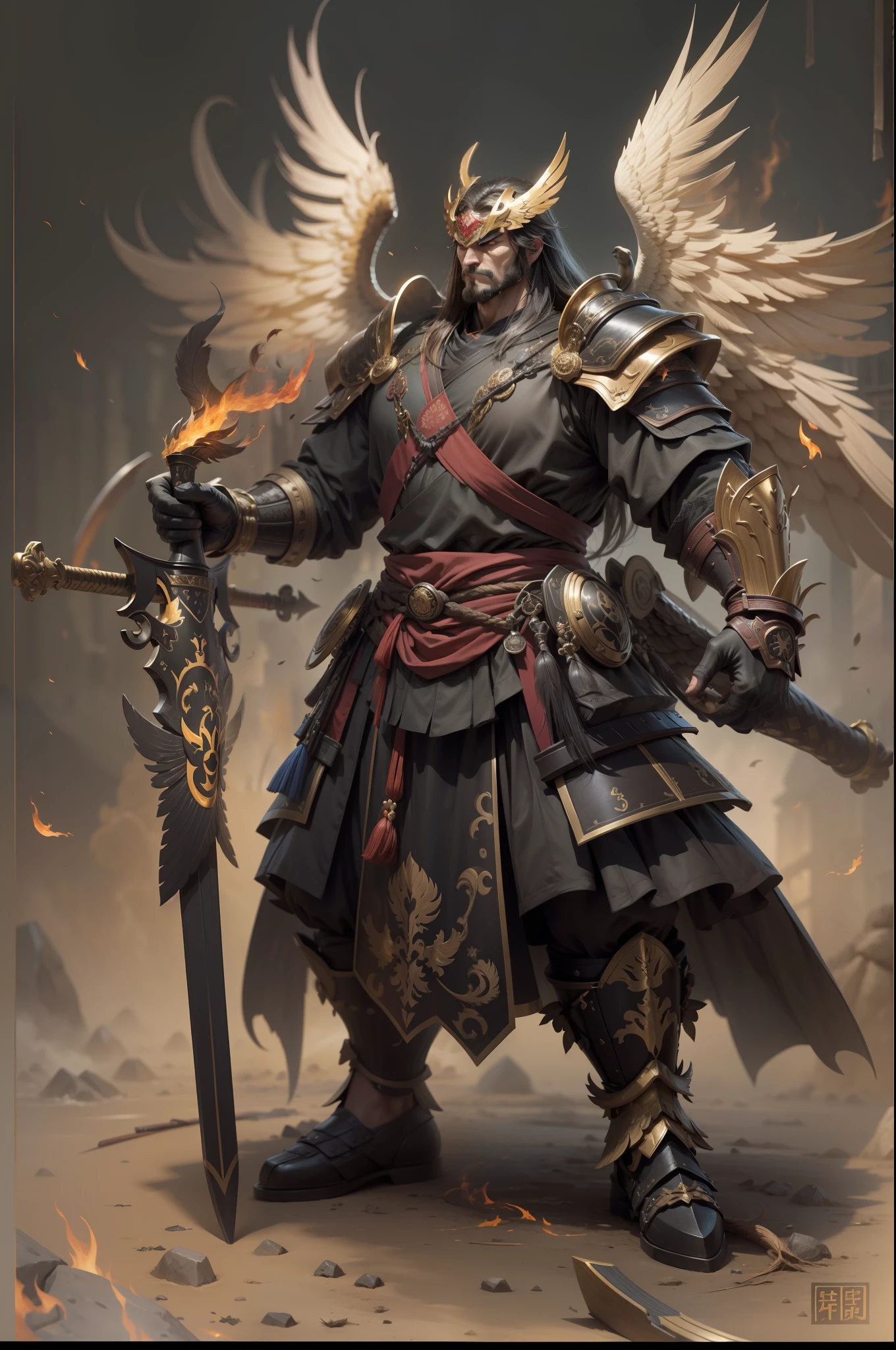 （anthropomorphic turtle），（Golden Eagle Samurai：1.4），longspear，a tall body，Stout limbs，Huge wings，There are a lot of feathers，Look at me condescendingly，disdain，despise，tosen，Fierce eyes，terroral，（（closeup cleavage，facial closeups，Close-up strengthened）），The long hairs of the flame fluttered in the wind，combats，Dynamic lines，Dimly lit battlefield，Ruined castle，（stereoscopic perspective：1.4），Works of masters，super-fine，4K分辨率，high qulity，电影灯光，High picture detail，Detailed pubic hair，Epic shooting，Clearly focused hair，Detailed hair depiction，acurate