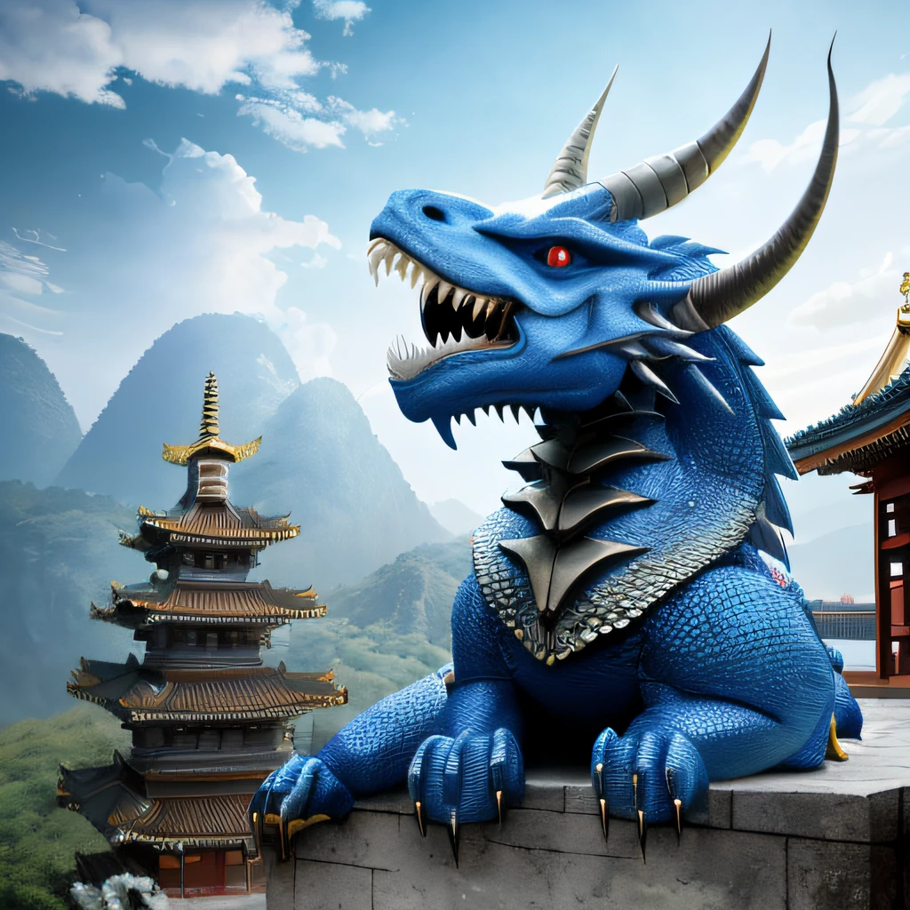 Best quality,masterpiece,ultra high res,nu no humans, (long:1.2),eastern dragon, east asian architecture, sky, architecture, outdoors, cloud, day, mountain, open mouth, blue sky, teeth, scales, sharp teeth, horns, glowing, fangs, tree, glowing eyes, pagoda, scenery