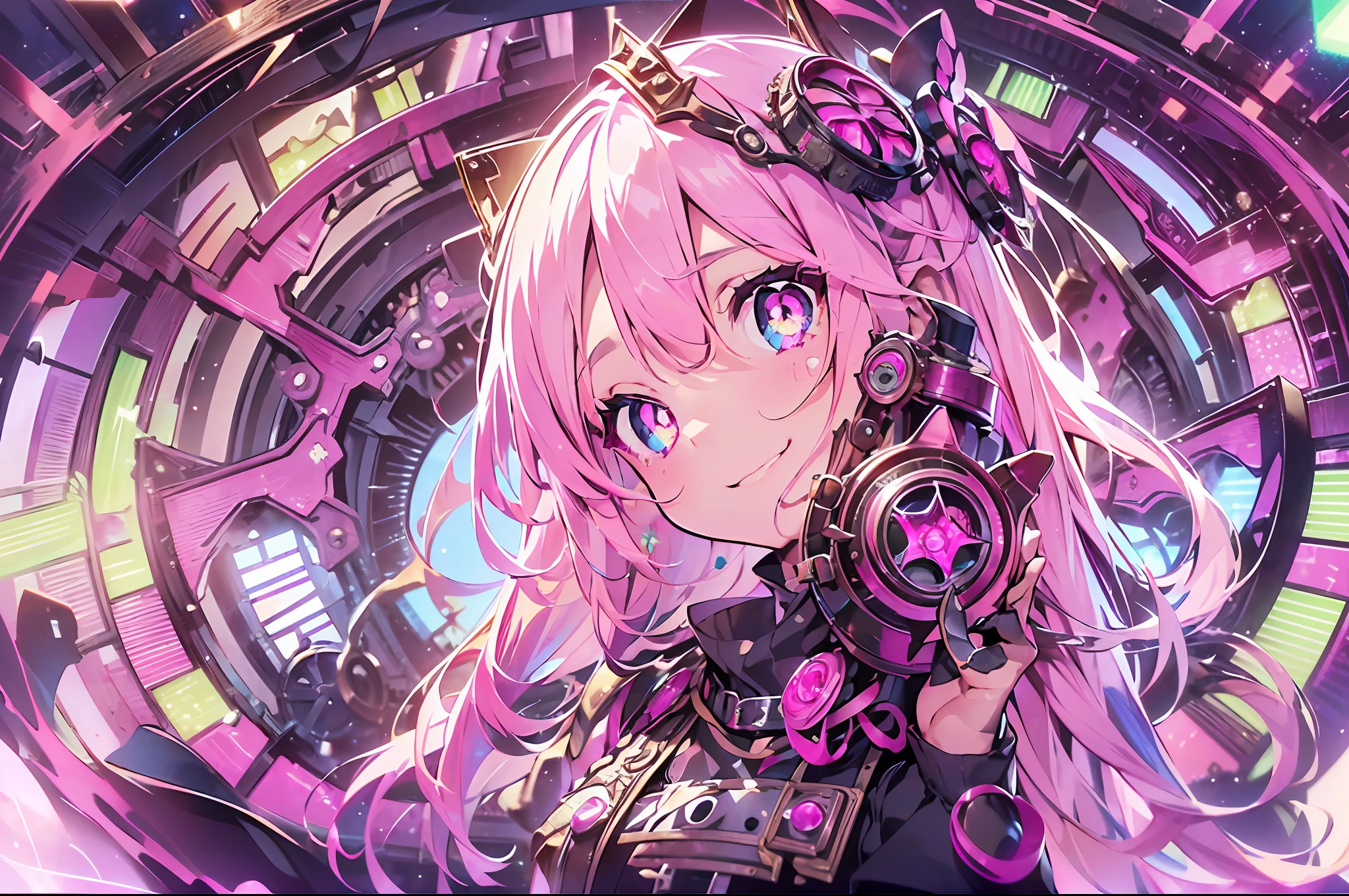 gear:2.Steam engines:2.wide Shots.Steampunk style:2.hour glass、gear:2、((masutepiece))),((ultra-detailliert,Best Quality, hight resolution)), (1 girl)((Pink hair, Long hair,Straight hair,two side up)) (Green eyes),eyeshadows, eye line,gloweyes, ultradetailed eyes, intricate eyes, Beautiful eyes, ((Glowing pink pupils))18-year-old girl、frilld.Smile .Hourglass background、Big hourglass.((High contrast RGB effect, LED effect, Kaleidoscope effect, Shining Effect, Ripple Effect, Glitter RGB effect)) A smile