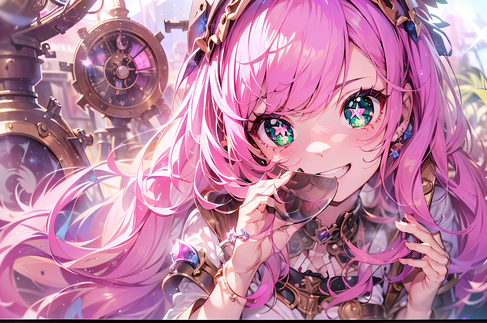 gear:2.Steam engines:2.wide Shots.Steampunk style:2.hour glass、gear:2、((masutepiece))),((ultra-detailliert,Best Quality, hight resolution)), (1 girl)((Pink hair, Long hair,Straight hair,two side up)) (Green eyes),eyeshadows, eye line,gloweyes, ultradetailed eyes, intricate eyes, Beautiful eyes, ((Glowing pink pupils))18-year-old girl、frilld.Smile .Hourglass background、Big hourglass.((High contrast RGB effect, LED effect, Kaleidoscope effect, Shining Effect, Ripple Effect, Glitter RGB effect)) A smile