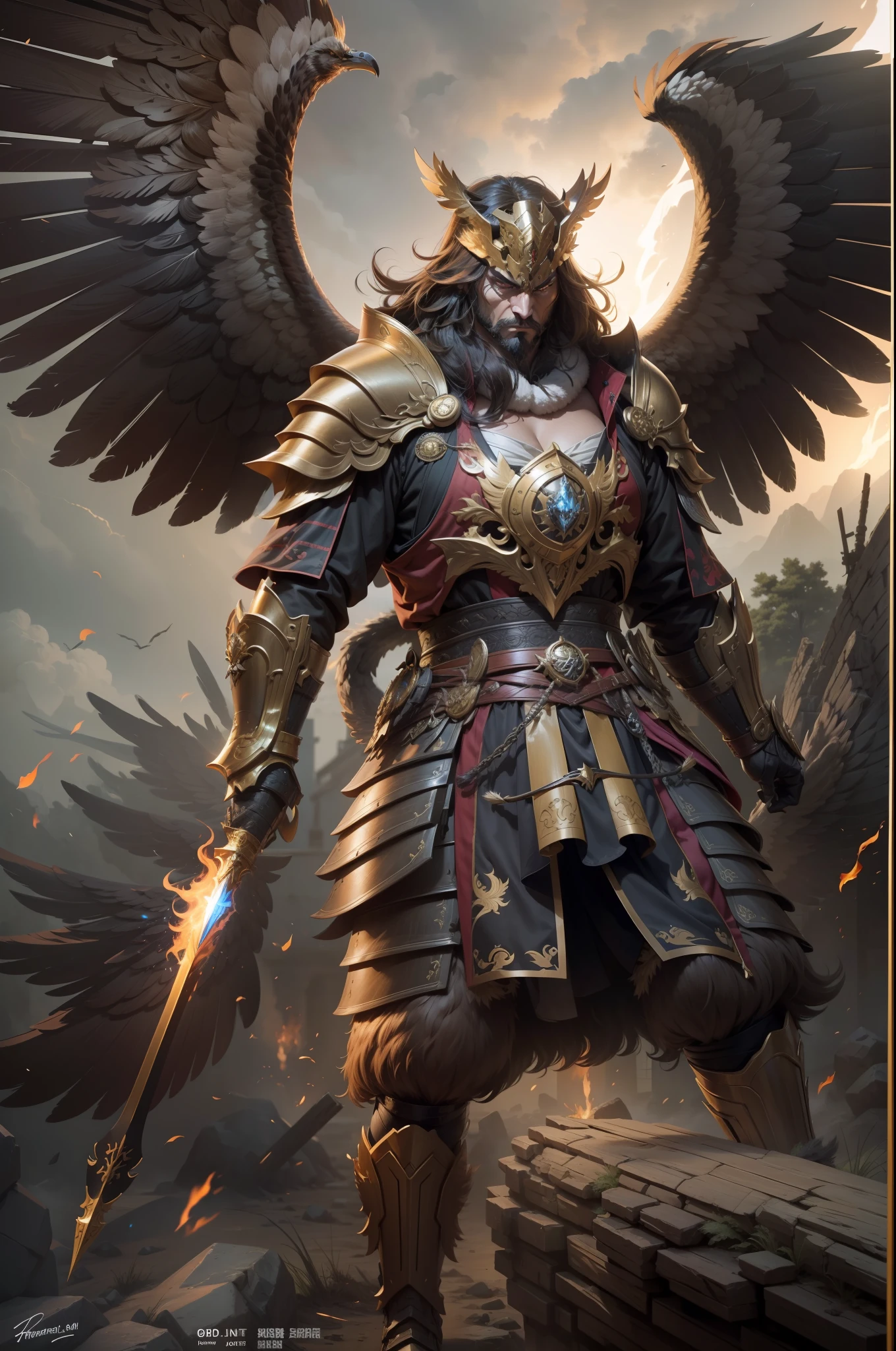 (anthropomorphic turtle),(Golden Eagle Samurai:1.4),longspear,a tall body,Stout limbs,Huge wings,There are a lot of feathers,Look at me condescendingly,disdain,despise,tosen,Fierce eyes,terroral,((closeup cleavage,facial closeups,Close-up strengthened)),The long hairs of the flame fluttered in the wind,combats,Dynamic lines,Dimly lit battlefield,Ruined castle,(stereoscopic perspective:1.4),Works of masters,super-fine,4K分辨率,high qulity,电影灯光,High picture detail,Detailed pubic hair,Epic shooting,Clearly focused hair,Detailed hair depiction,acurate