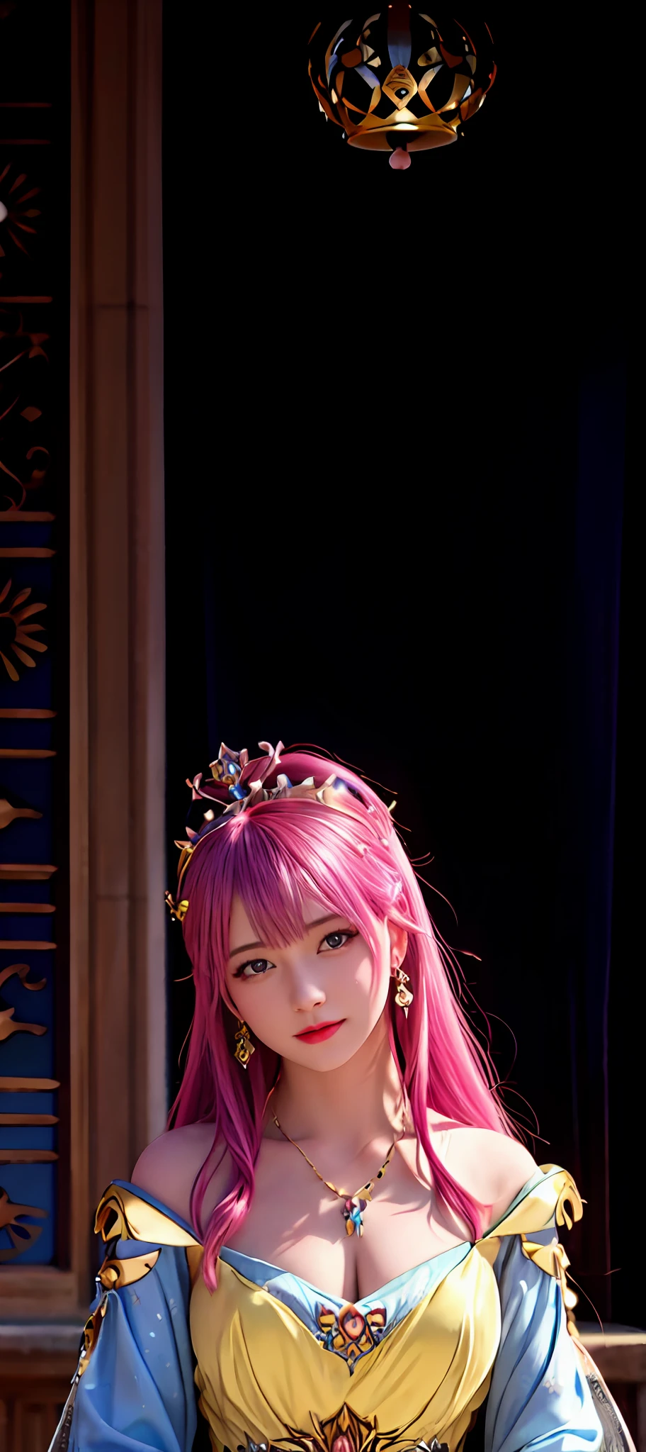 realisticity: 1.2), best quality, masterpiece, highres, super detail, ultra detail, cg, 1girl, queen, weapon, sword, long hair, dress, water, solo, jewelry, yellow dress, wearing a very beautiful dress, wearing a very beautiful crown, earrings, hair ornament, splashing, upper body super realistis, hair bun, blue and pink hair, sitting on a magnificent and beautiful royal throne backgraun super realistis and super detai, ultra detail, lighting,candid, Photograph, high resolution, 8k, 10k, Bokeh,