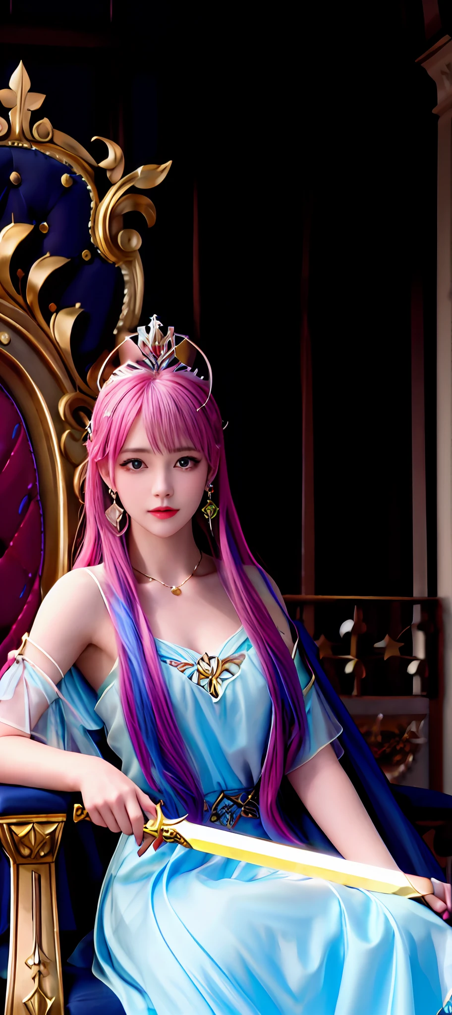 realisticity: 1.2), best quality, masterpiece, highres, super detail, ultra detail, cg, 1girl, queen, weapon, sword, long hair, dress, water, solo, jewelry, yellow dress, wearing a very beautiful dress, wearing a very beautiful crown, earrings, hair ornament, splashing, upper body super realistis, hair bun, blue and pink hair, sitting on a magnificent and beautiful royal throne backgraun super realistis and super detai, ultra detail, lighting,candid, Photograph, high resolution, 8k, 10k, Bokeh,