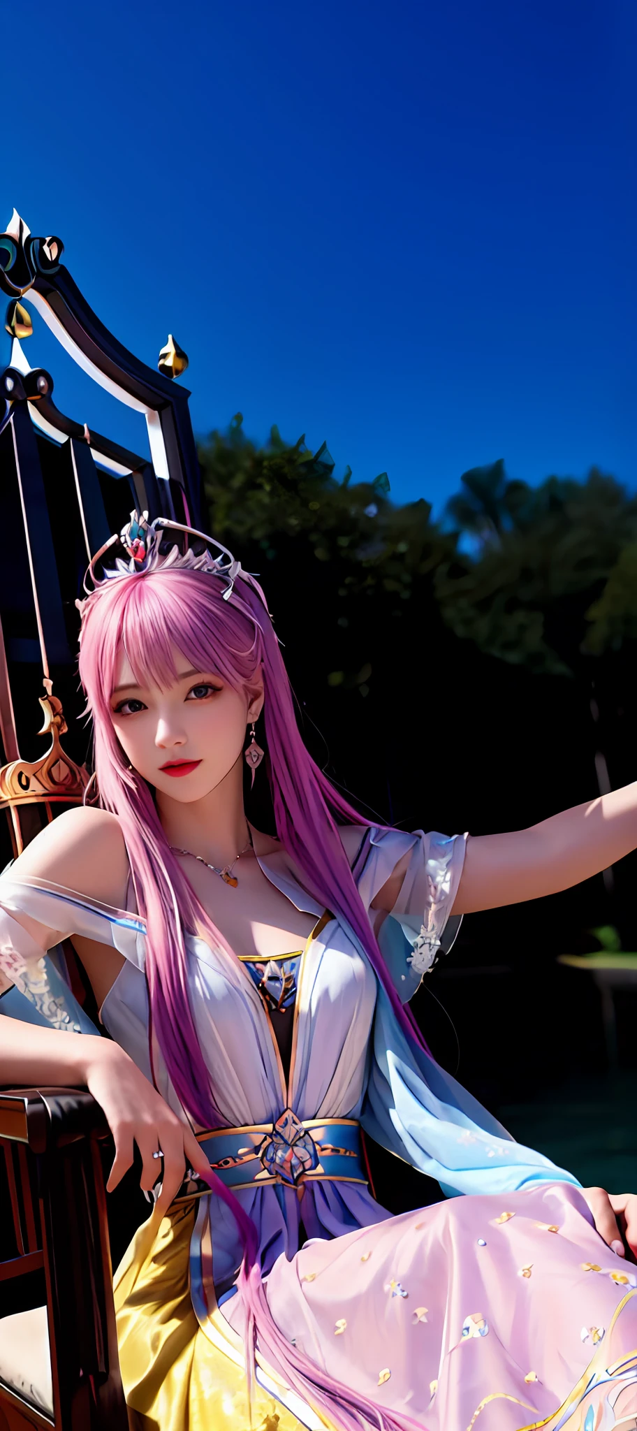 realisticity: 1.2), best quality, masterpiece, highres, super detail, ultra detail, cg, 1girl, queen, weapon, sword, long hair, dress, water, solo, jewelry, yellow dress, wearing a very beautiful dress, wearing a very beautiful crown, earrings, hair ornament, splashing, upper body super realistis, hair bun, blue and pink hair, sitting on a magnificent and beautiful royal throne backgraun super realistis and super detai, ultra detail, lighting,candid, Photograph, high resolution, 8k, 10k, Bokeh,