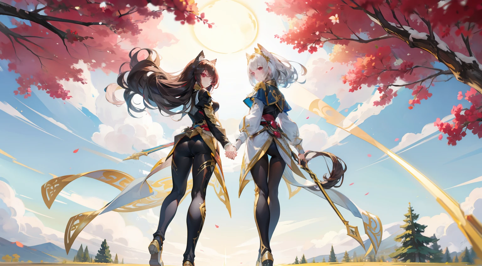 tmasterpiece,highest quality,Very cute and beautiful girl,Beautiful face and eyes,beautiful hairl,独奏,2 women,Full body painting,dynamic angle,(White and gold full body leggings:1.3),(Black and gold full-body tights:1.3),Burgundy hair,long whitr hair,Grows to the waist,long leges,Big spear,Fresh breeze,In the sun through the trees,2 girls holding hands,tension