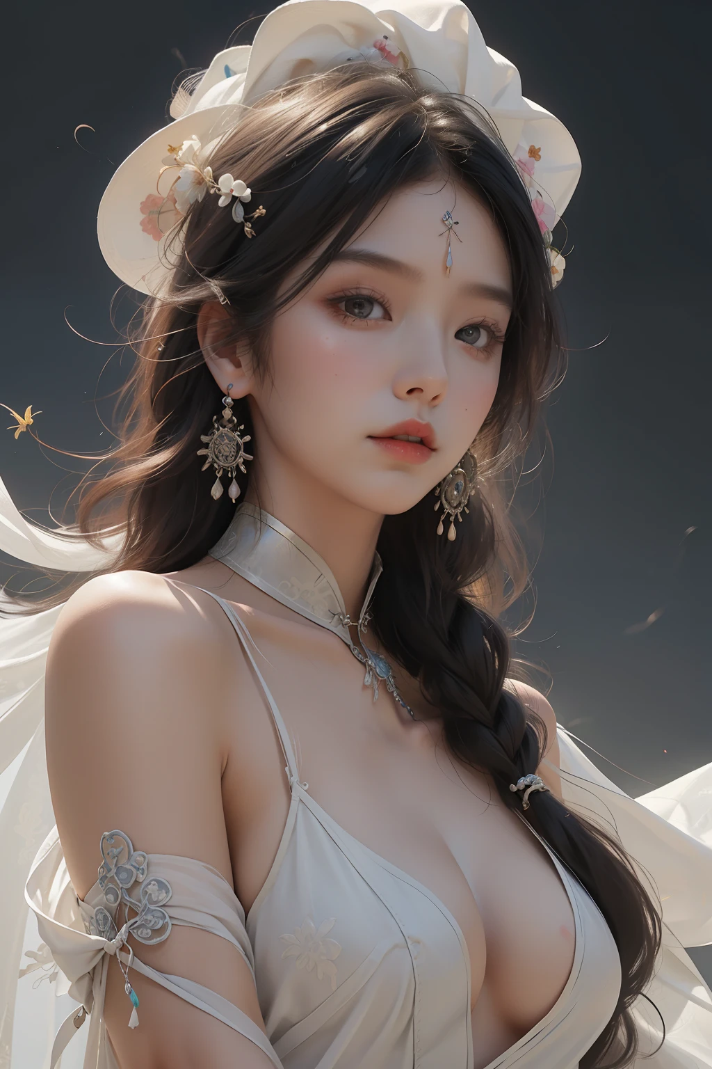 nsfw, zhongfenghua, 1girl, solo, hanfu, ancient_chinese_architecture, flower field, blossom, (white smoke:1.3) (photorealistic:1.4), zentangle, mandala, entangle, official art, unity 8k wallpaper, ultra detailed, beautiful and aesthetic, masterpiece,best quality, (dynamic angle:1.4), glowing skin, (floating colorful sparkles:1) the most beautiful form of chaos, elegant, a brutalist designed, vivid colours, romanticism depth of field exotic_dance, half_naked