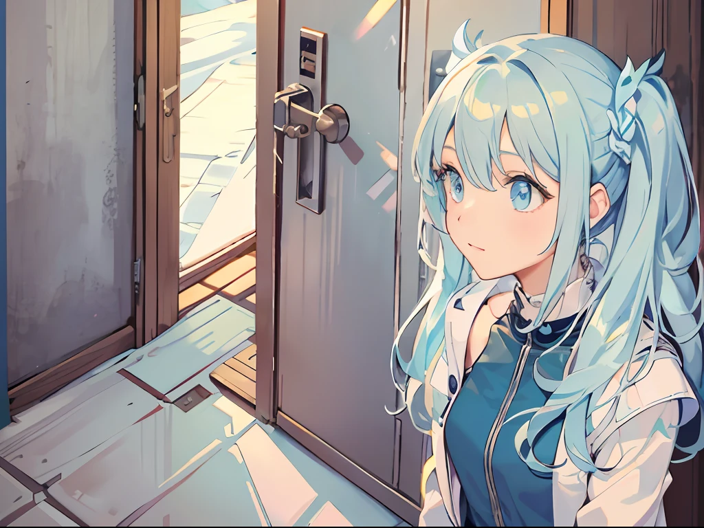 Best quality, tmasterpiece, A 12-year-old girl,Long light blue hair and blue eyes,The girl stood against the wall outside the door,The door opens 20%,There are lights inside the door,The light outside the door is dim