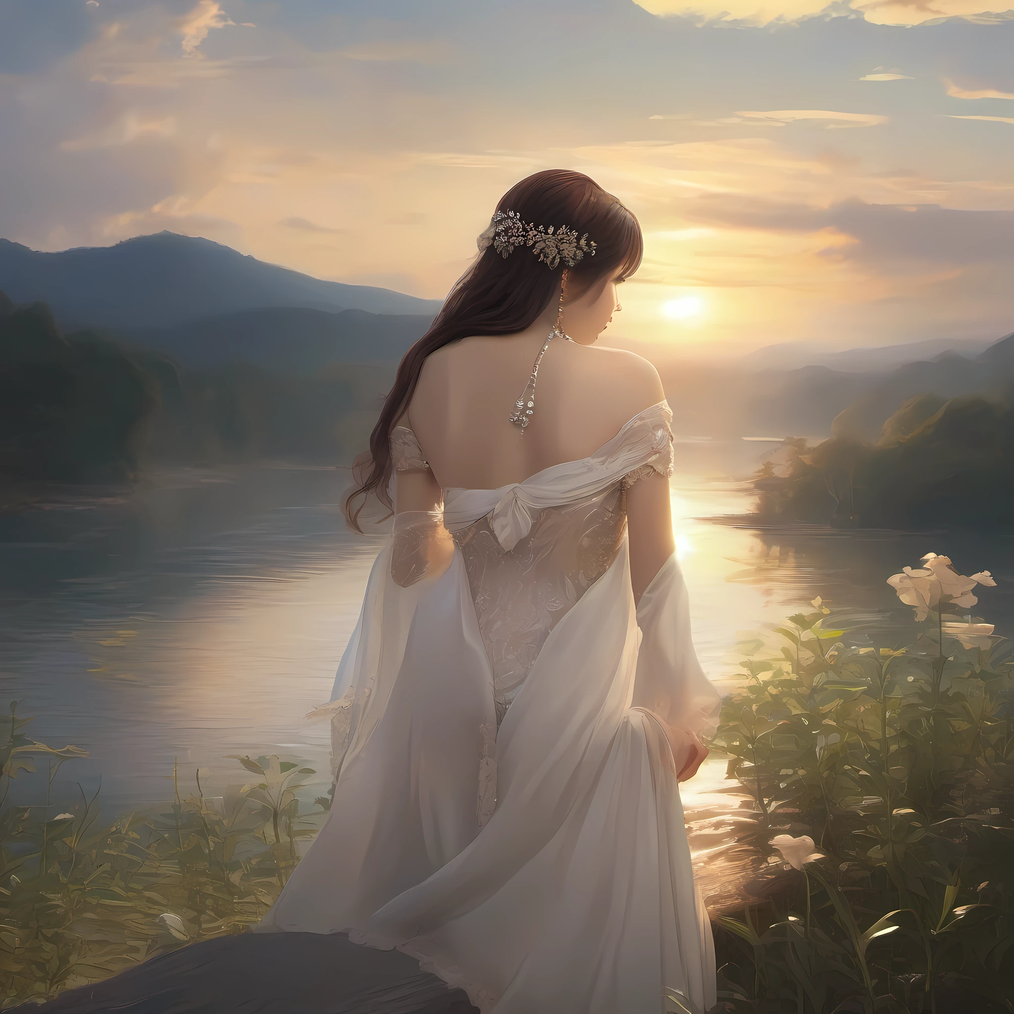 (top-quality、​masterpiece)、(Realistic lighting with shadows)、elegent、realisitic、intricate detailes、(Perfect anatomical depiction of the human body)、Two girls with huge breasts、Girls who are interested in someone else's breasts, ( Huge breasts :1.9), They are teenage girls、Small thick lips like bisque dolls, Brunette hair fluttering in the wind、 Half-up hair in braids shining in the backlight of the setting sun、The costume is see-through pareo in a white bikini、Wearing many precious metals and jewelry, Very beautifully、Looks like a goddess, 。This photo was taken from the front or back on a deep forest lake, ((They cuddle side by side, Touching each other's bodies while being interested in breasts.、Breasts show off with pride.)), She opened her mouth with a sleepy look、Dim eyes that have just woken up.