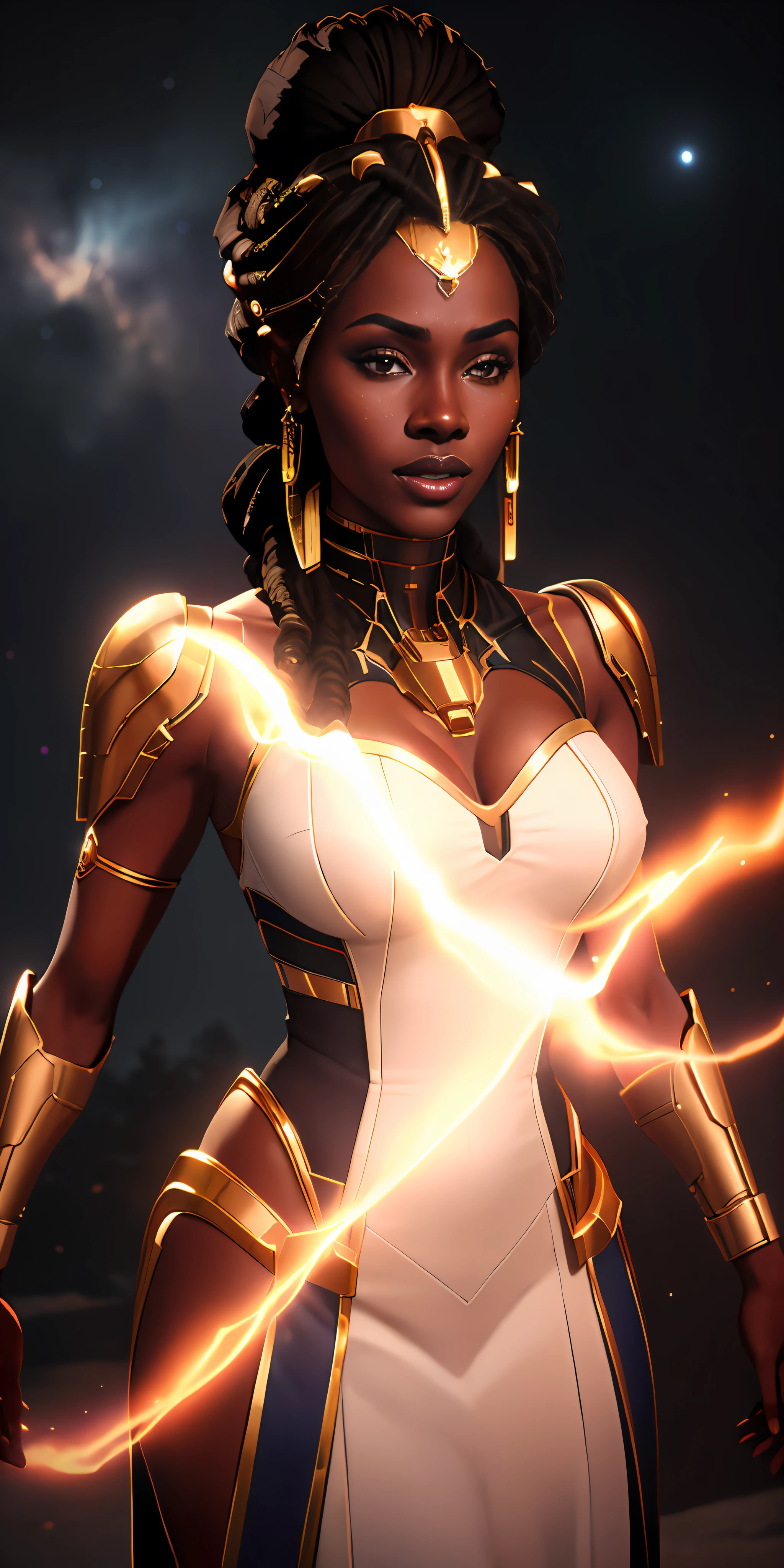 ((realistic image of a beautiful African-American woman, dark skin color)), beautiful smile, ((looking at the night sky, standing natural pose, in front of the Millennium Falcon)), wearing mandallor armor, long mega hair hair, dreadlocks, ((kanekalon)), camera view against plongée, golden ratio, dark background lighting, close-up, detailed facial details, perfect face, sharpness, trend art,  Sharp facial details, ultra high quality, line art, high fantasy, exquisite, 4k, soft lighting 8k, dreamy --iso 100