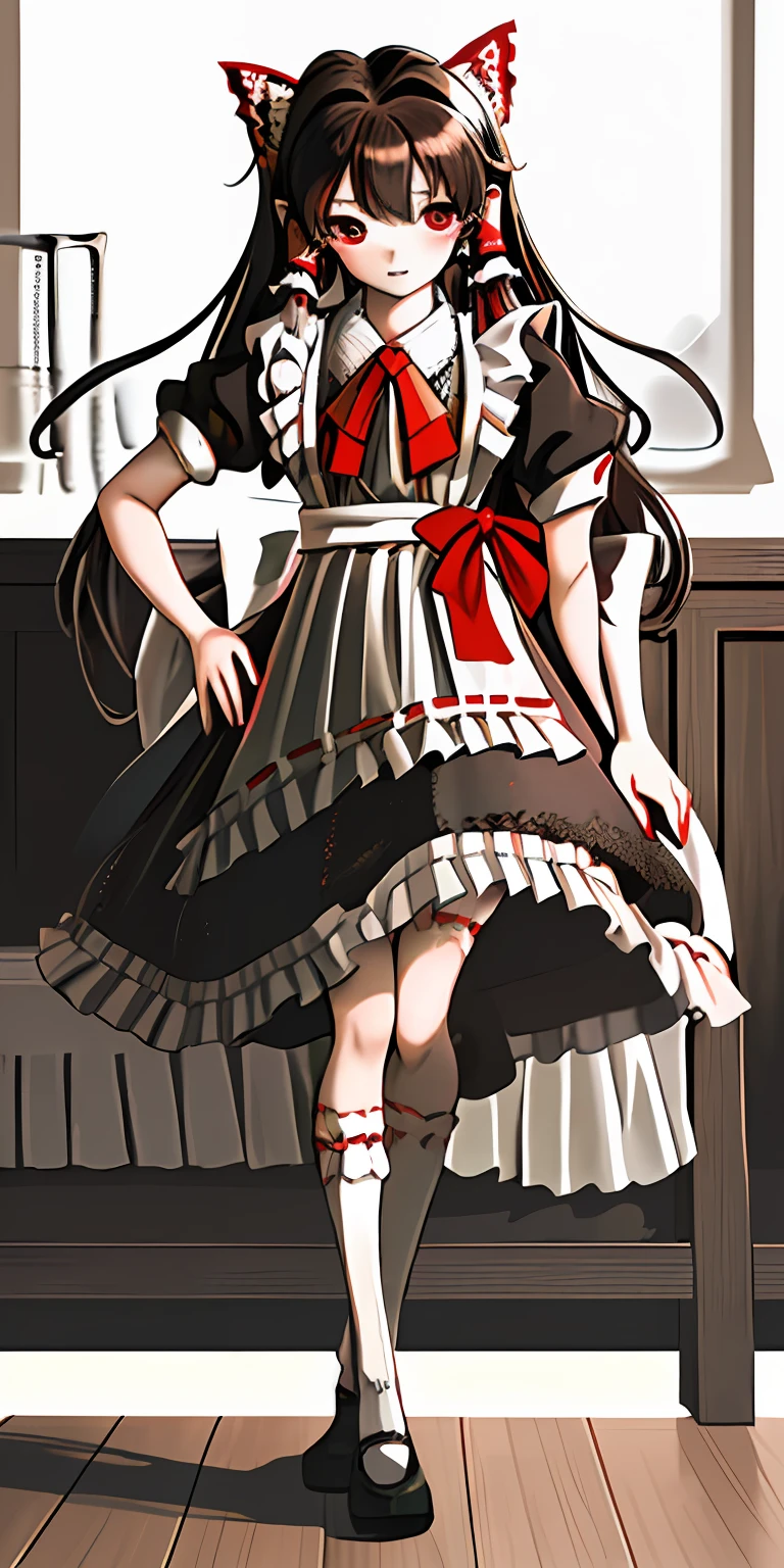 Illustration of Reimu Shiramine wearing a maid costume, masutepiece, Fine details, 4K, 8K, 12K, Solo, One Person, Beautiful Girl, caucasian female, M Spread Leg