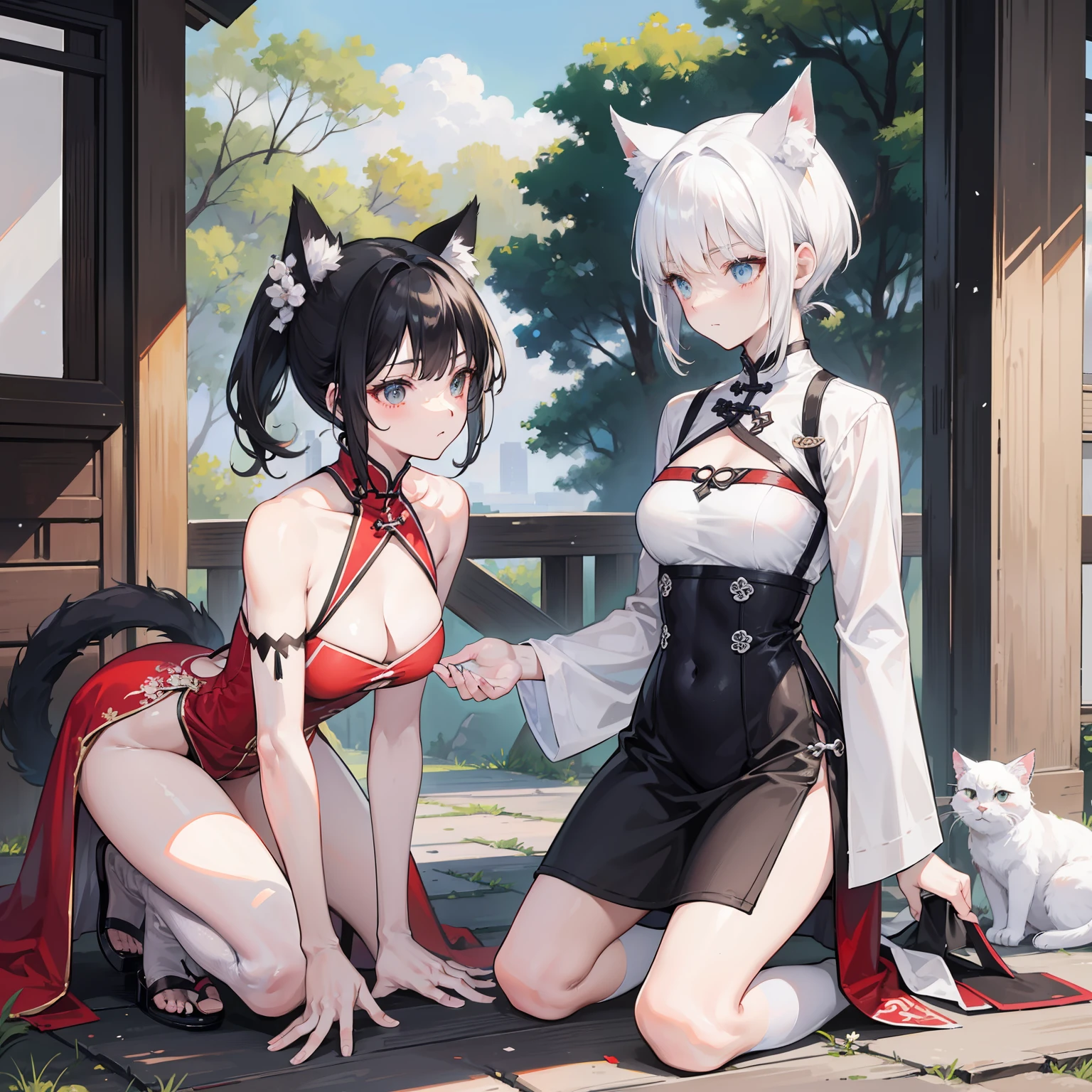 A white-haired single-ponytail cat lady and a short-haired cat lady with black hair with abs，scantily clad，Clothes are tattered，period costume，Ancient Chinese warriors，is shy，kneels on the ground