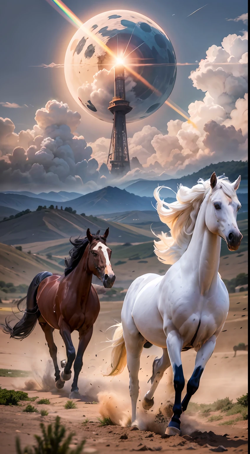 8 horse,The eight horses in the herd are clustered together and gallop across the grassland like clocks。Light-forged war horses from the Supreme Heavens and nightmares from hell become the upper and lower ends of the main melody of the picture,Make the sky of the steppe brighter,The earth is deeper。The wind wings of the wind elf horse let its position be erratic,The mechanical horse is full of mecha beauty。Unicorns show their beauty in a rainbow neon light,On the side is the fairy dragon horse competing with it。The female knight is charging on her knightly warhorse,There is no doubt that she is the protagonist of this picture。There is also a horse from unknown territory mixed in,It has a weird style and chaotic colors that are almost unimaginable。With Midjourney's advanced brush tools and palettes and strokes, experiment with different models and materials to create a surreal look for your scene,Add complex textures and light and shadow effects to all your horses' looks,Add realism and surrealism,Emphasis is placed on the strength and speed of the horse。Use Midjourney's powerful tools,You can bring this magnificent and futuristic scene to life with incredible detail and beauty。 Large wide angle,Ultra-grand scenes,super wide shot, hdr,(真实感,Masterpiece quality,best qualtiy),