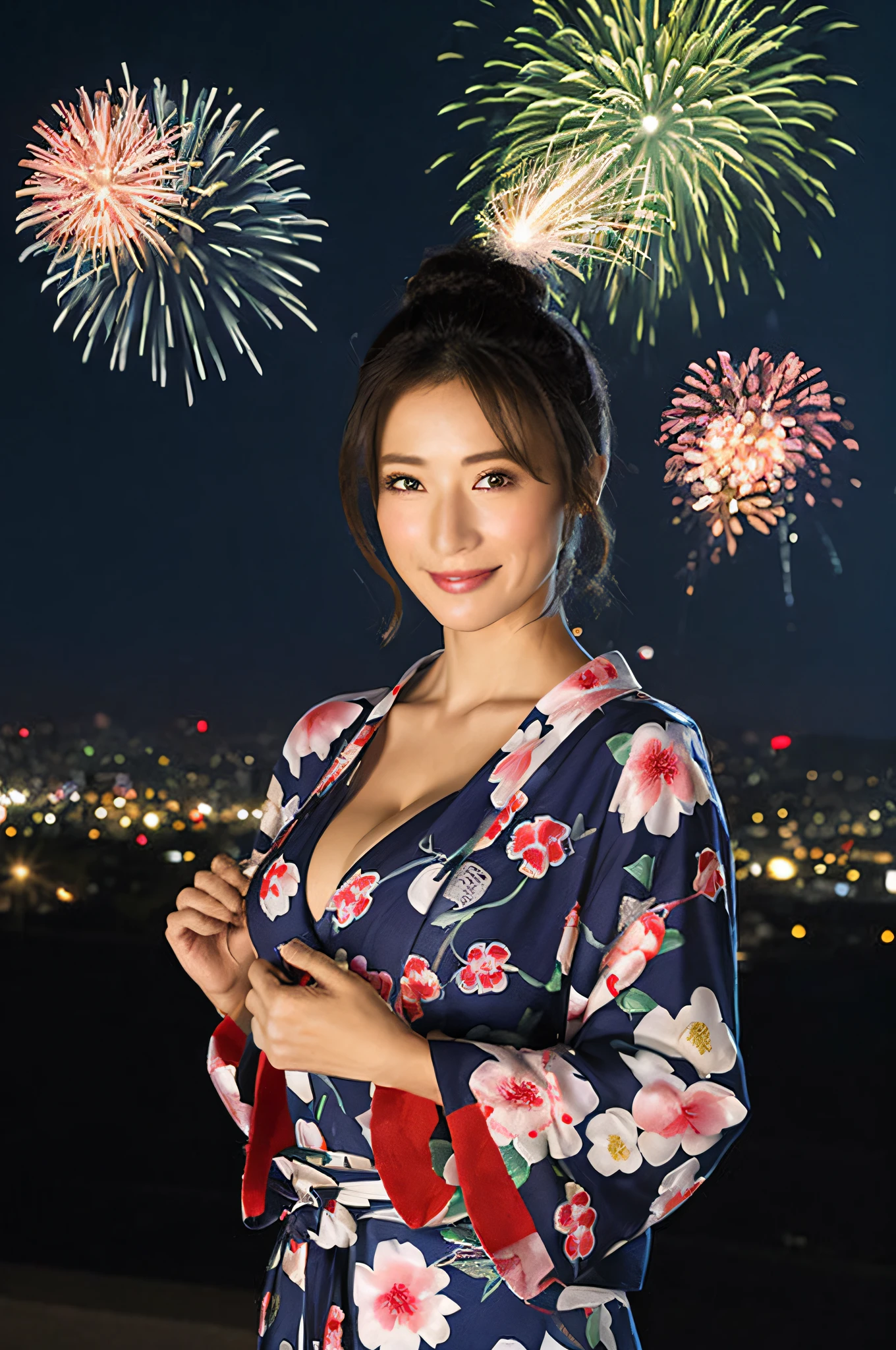 ((​masterpiece、top-quality、ultra-definition、hight resolution))、独奏、a beauty girl、radiant eyes、perfect  eyes、Japan's beautiful sister、Fluttering chest、cleavage of the breast、Fireworks at night in the background、Below the screen is the airfield、high-level image quality、4K、Floral yukata、sparklers